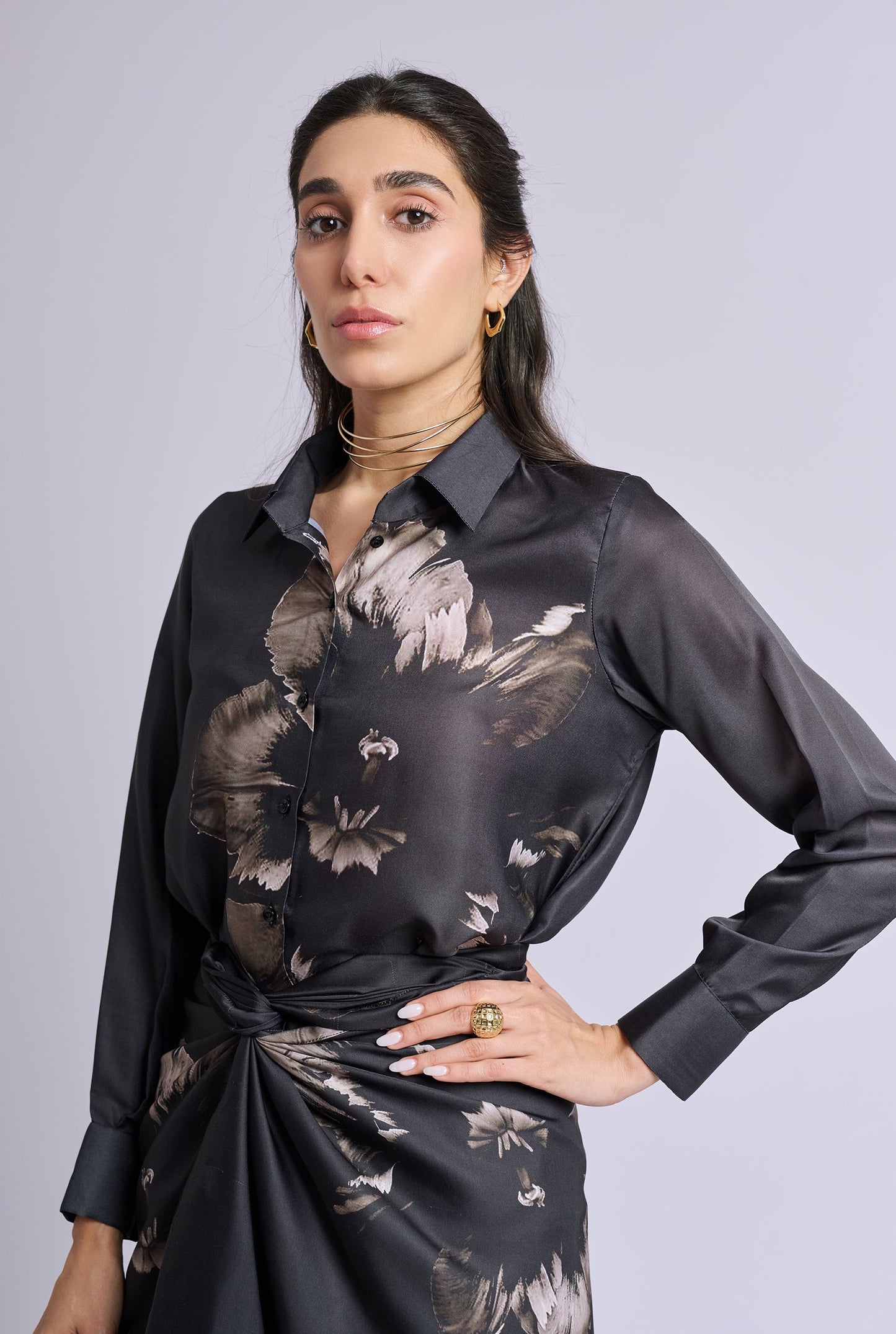 Ava Black and Gold Flower Print Shirt with Draped Skirt Co-ord Set