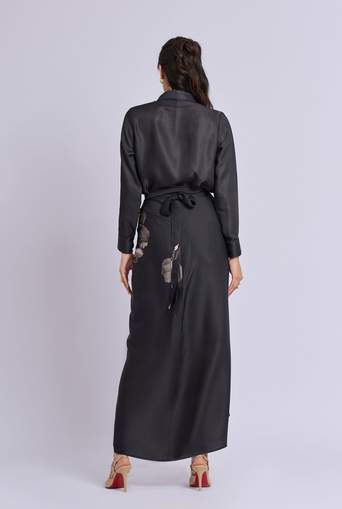 Ava Black and Gold Flower Print Shirt with Draped Skirt Co-ord Set