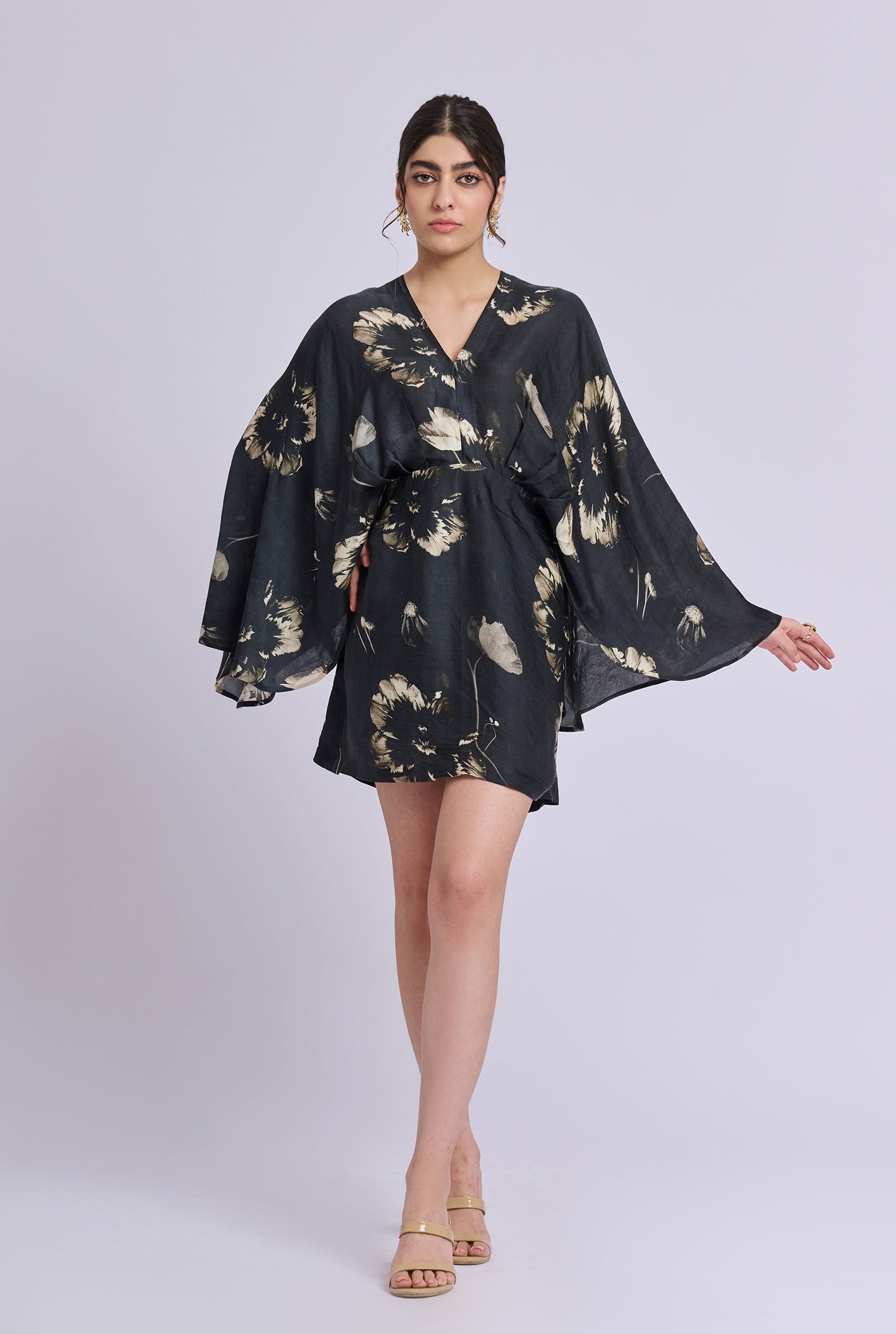 Nicola Black And Gold Flower Print Dress with Flowy Sleeves