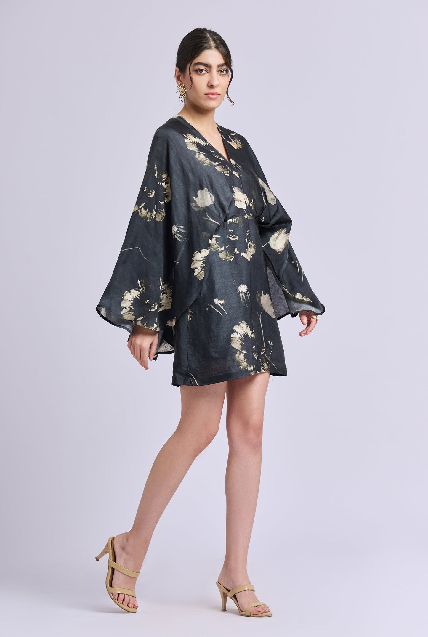 Nicola Black And Gold Flower Print Dress with Flowy Sleeves