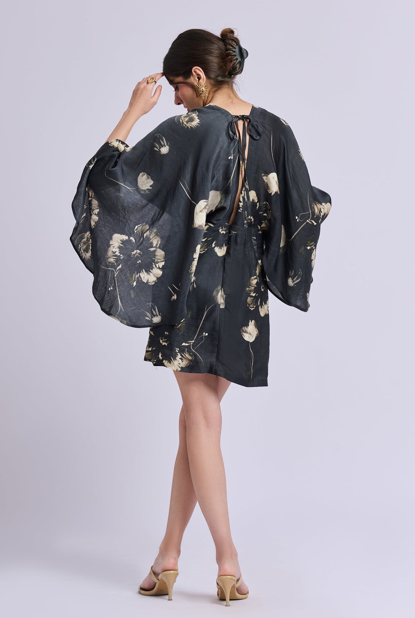 Nicola Black And Gold Flower Print Dress with Flowy Sleeves