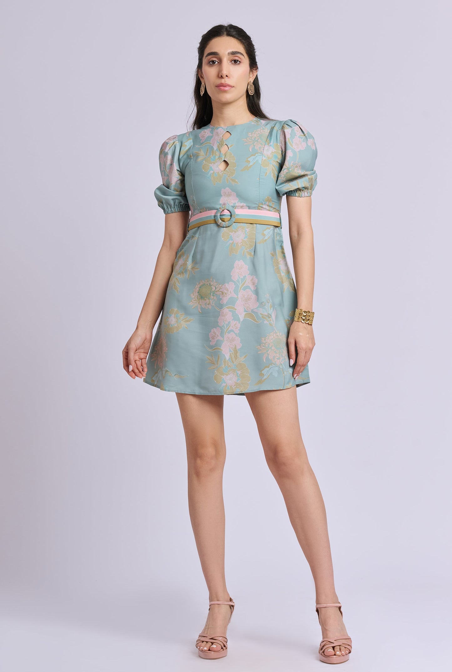 Lilia Blue and Pink Flower Print Short Dress with Belt