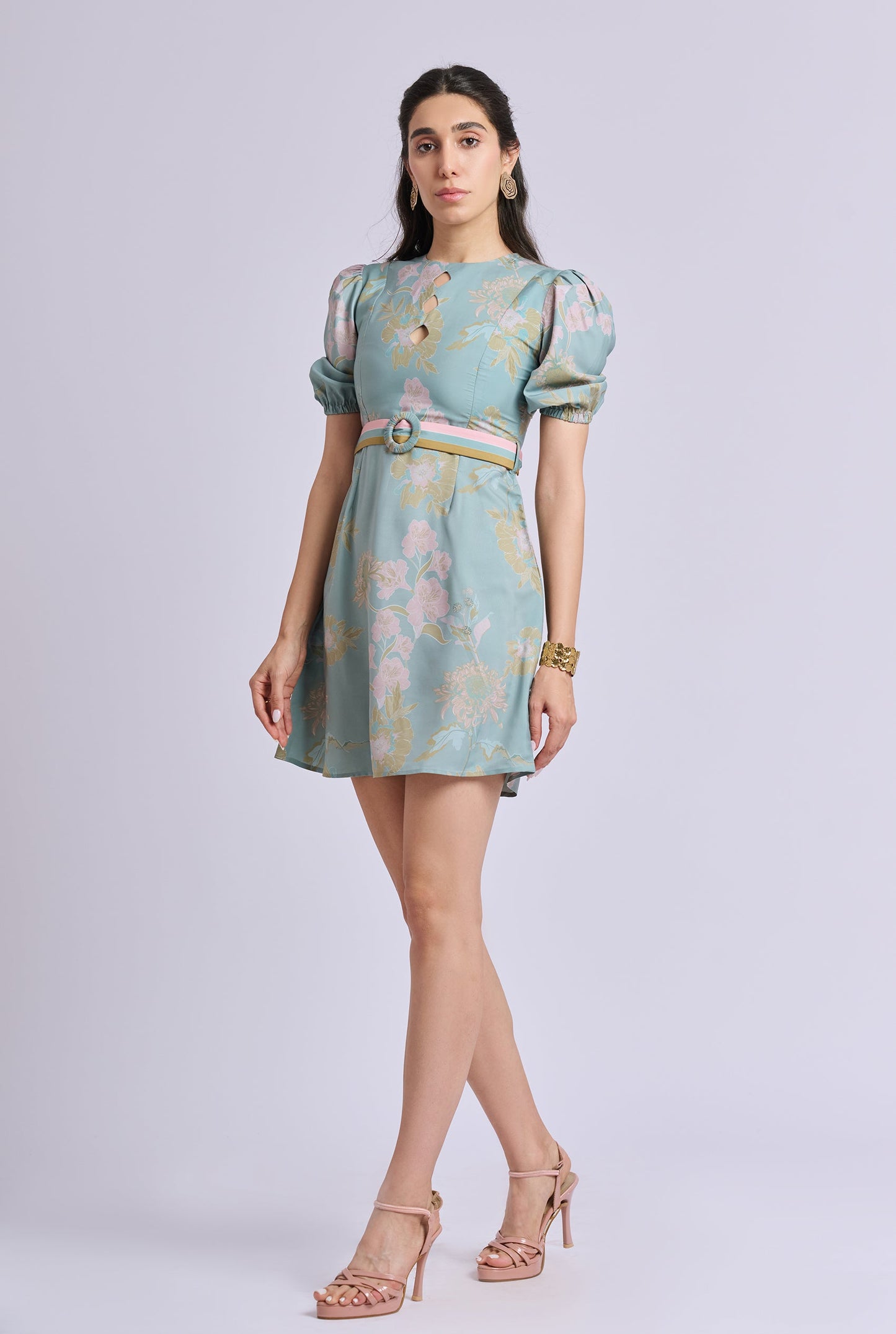 Lilia Blue and Pink Flower Print Short Dress with Belt