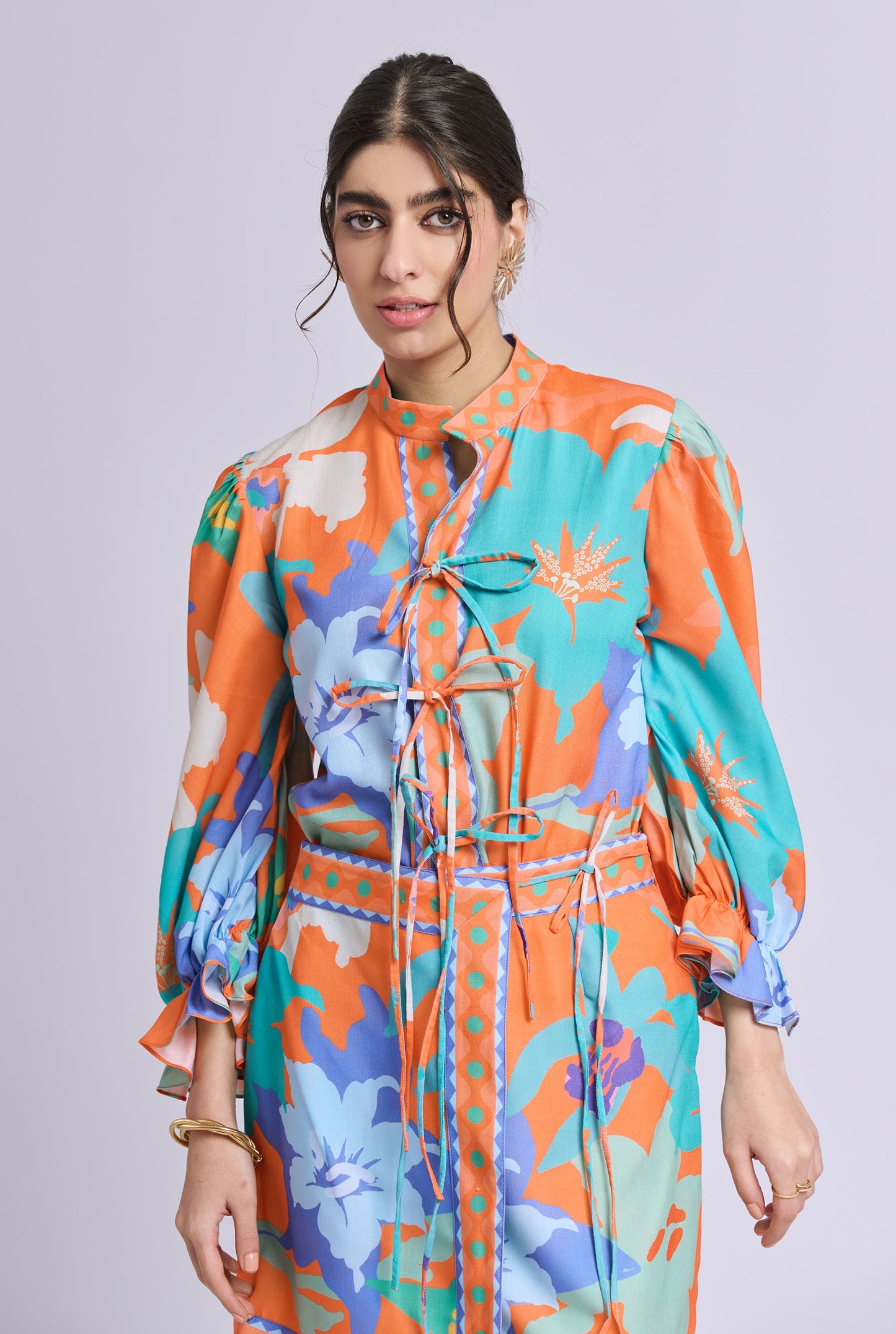 Bloom Multi Color Flower Print Co-ord Set with Knot Detailing on Shirt and Skort