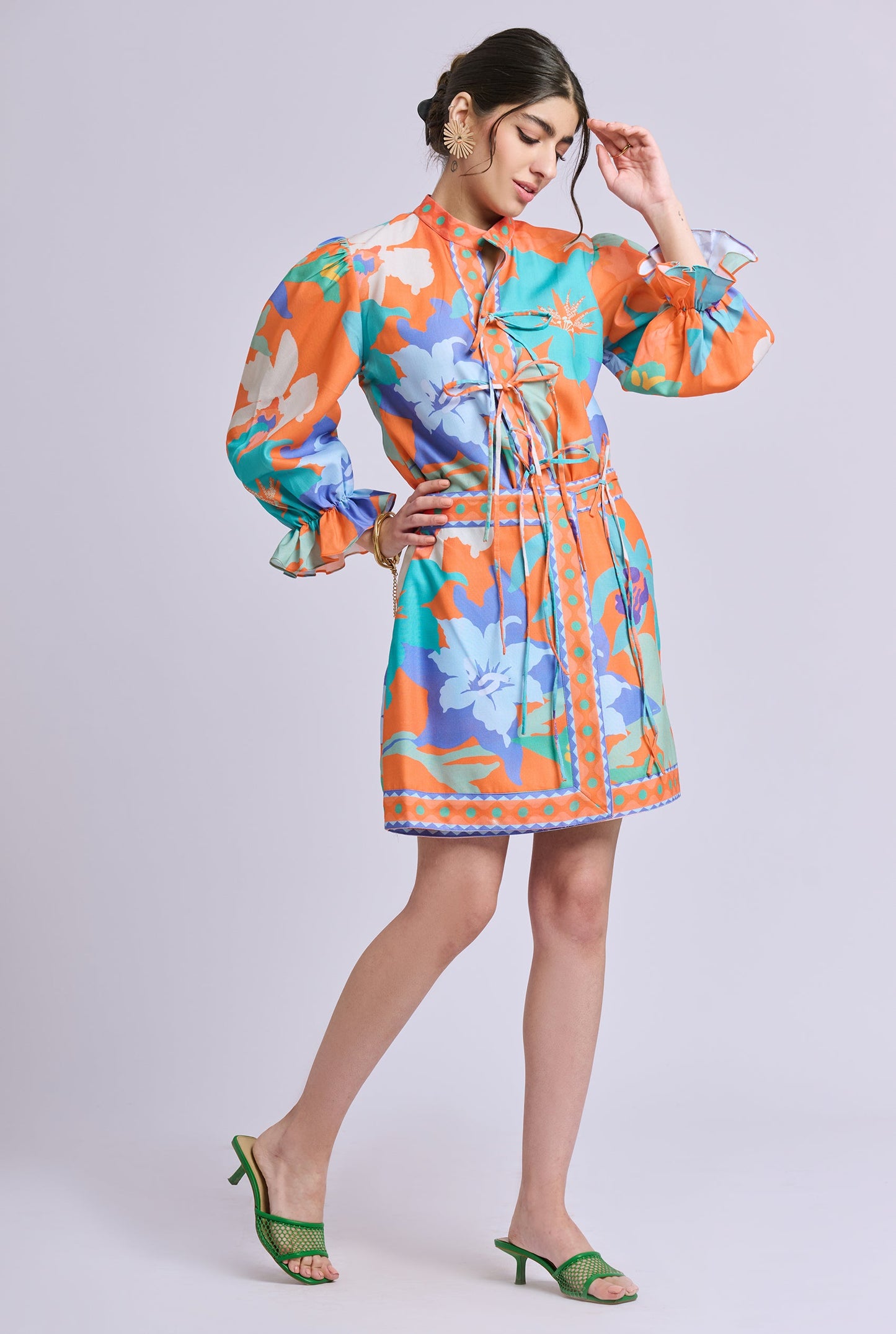 Bloom Multi Color Flower Print Co-ord Set with Knot Detailing on Shirt and Skort