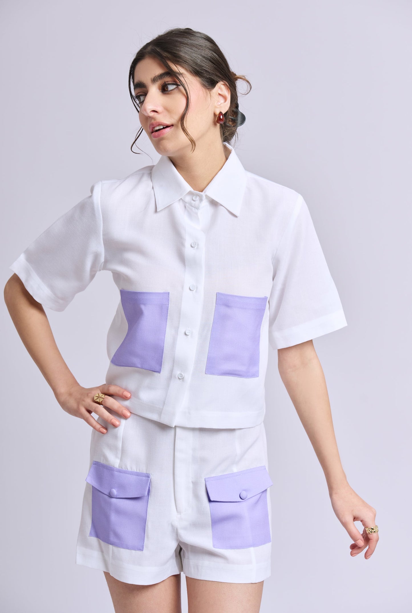 Isla White and Purple Co-ord Set with Shorts