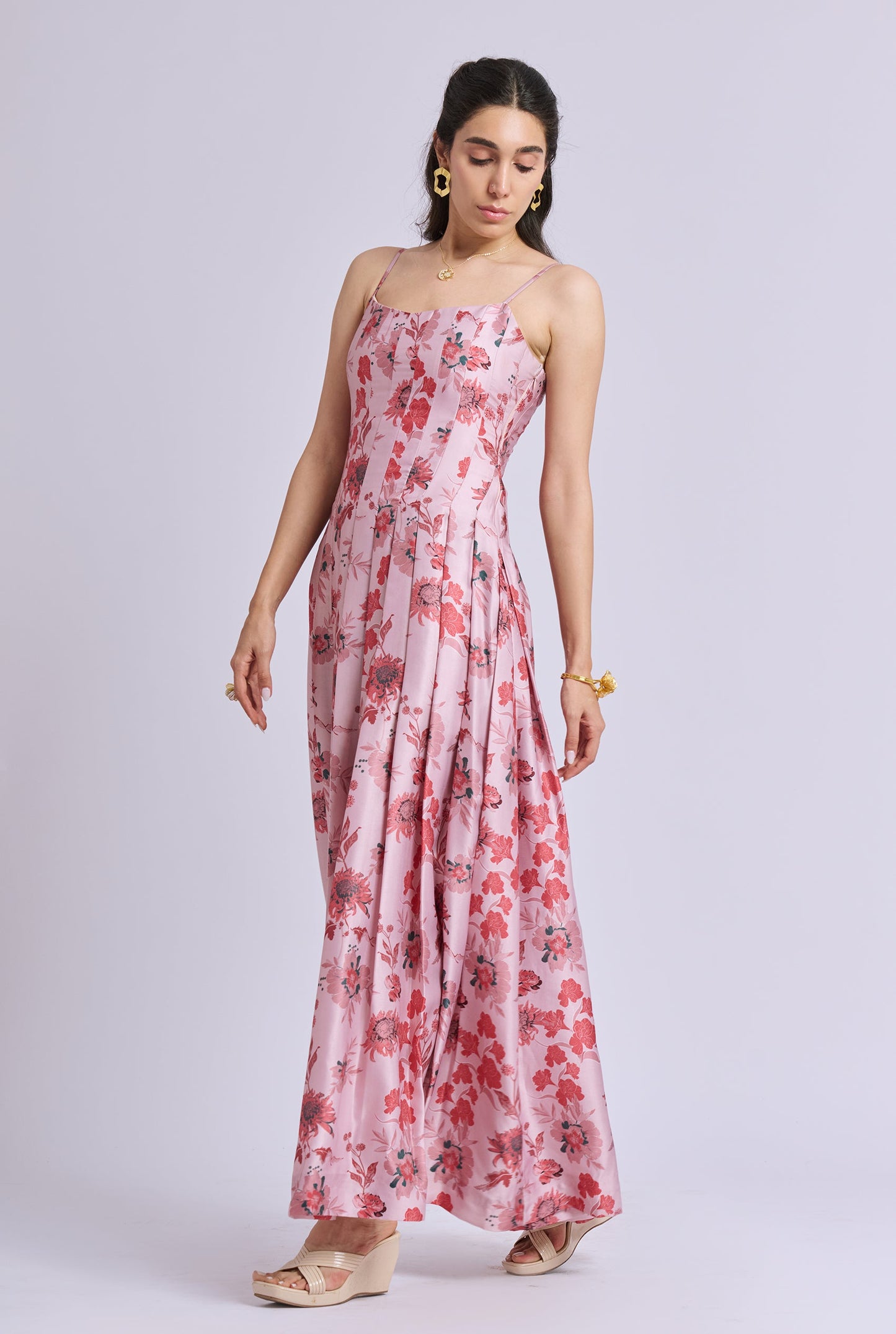 Victoria Strappy Pink Flower Print Pleated And Flowy Maxi Dress