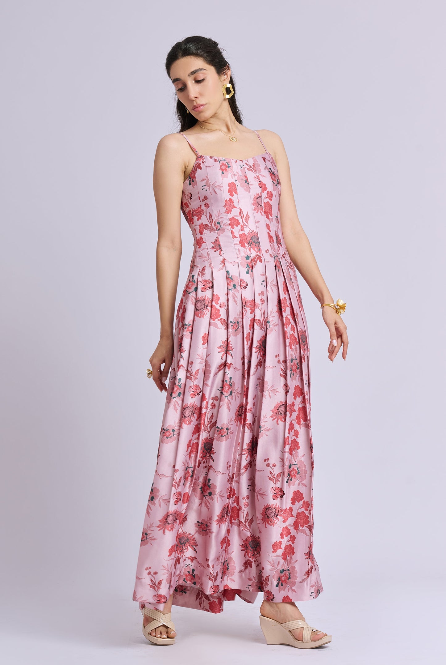 Victoria Strappy Pink Flower Print Pleated And Flowy Maxi Dress