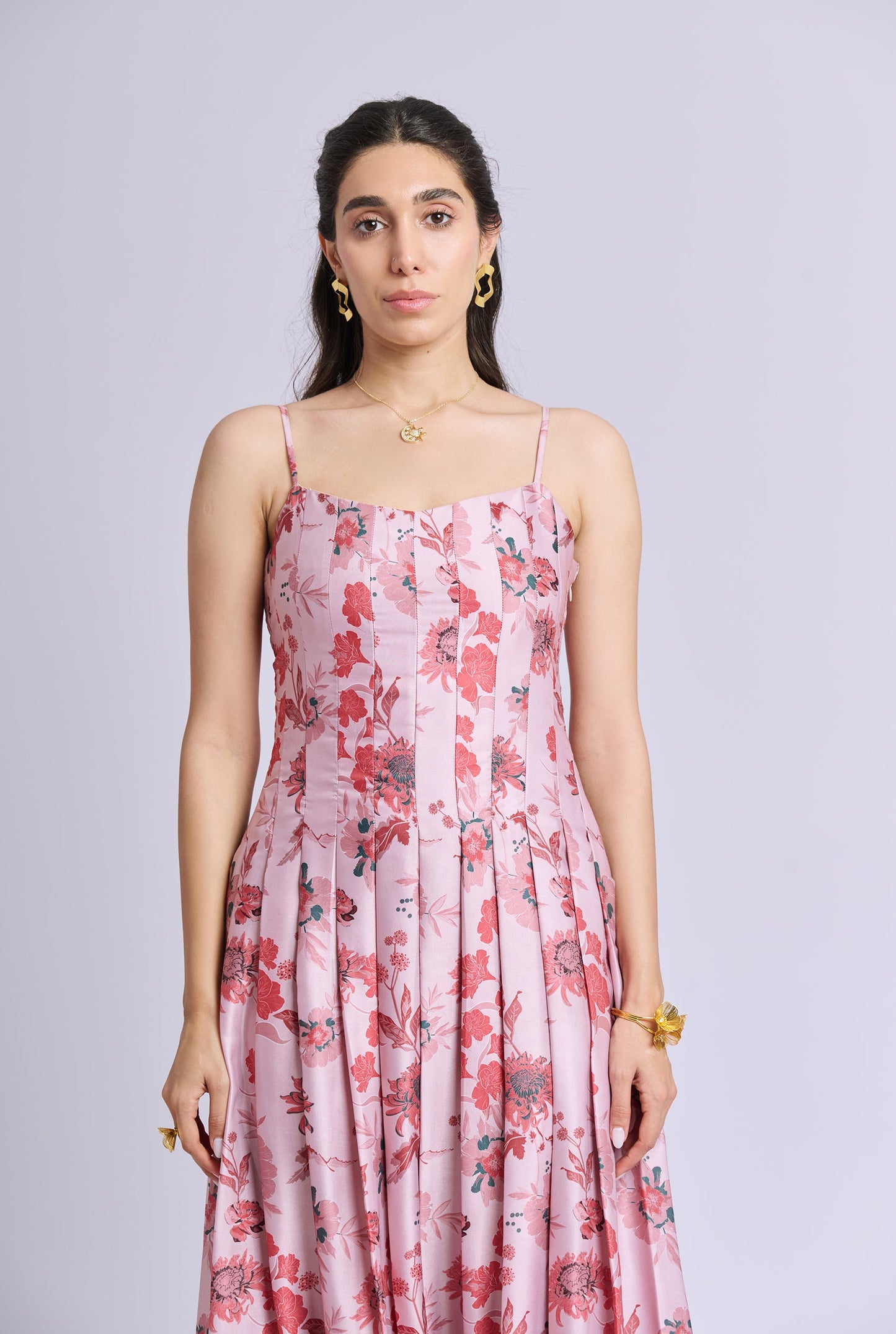 Victoria Strappy Pink Flower Print Pleated And Flowy Maxi Dress