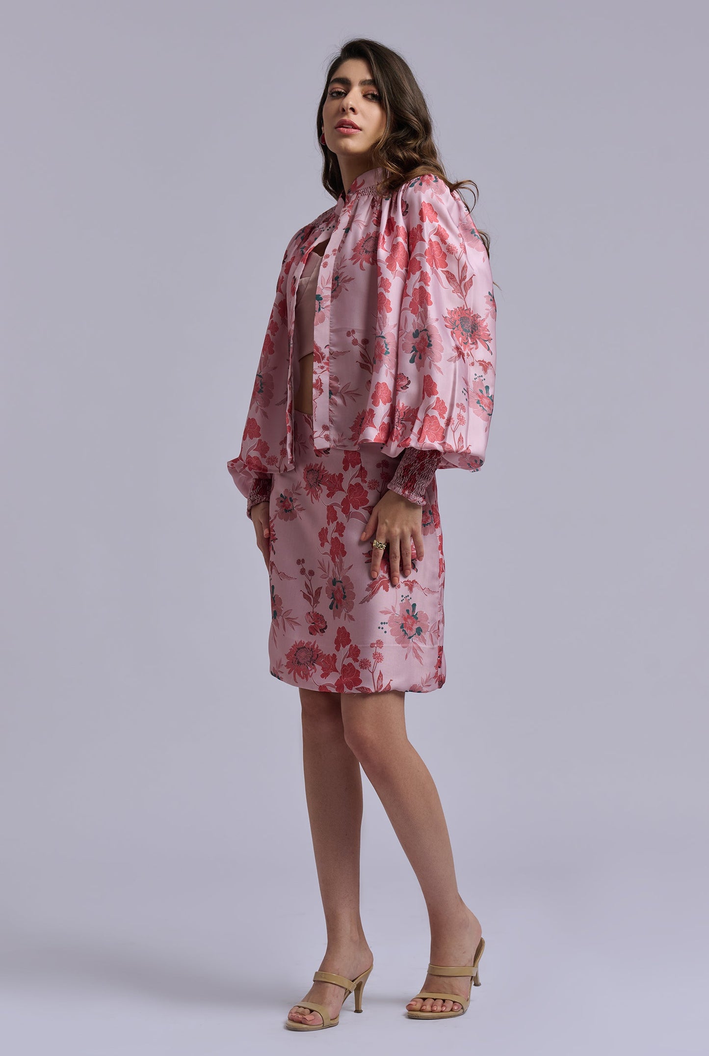 Isabella Three Piece Pink Flower Print Co-ord Set with Skirt