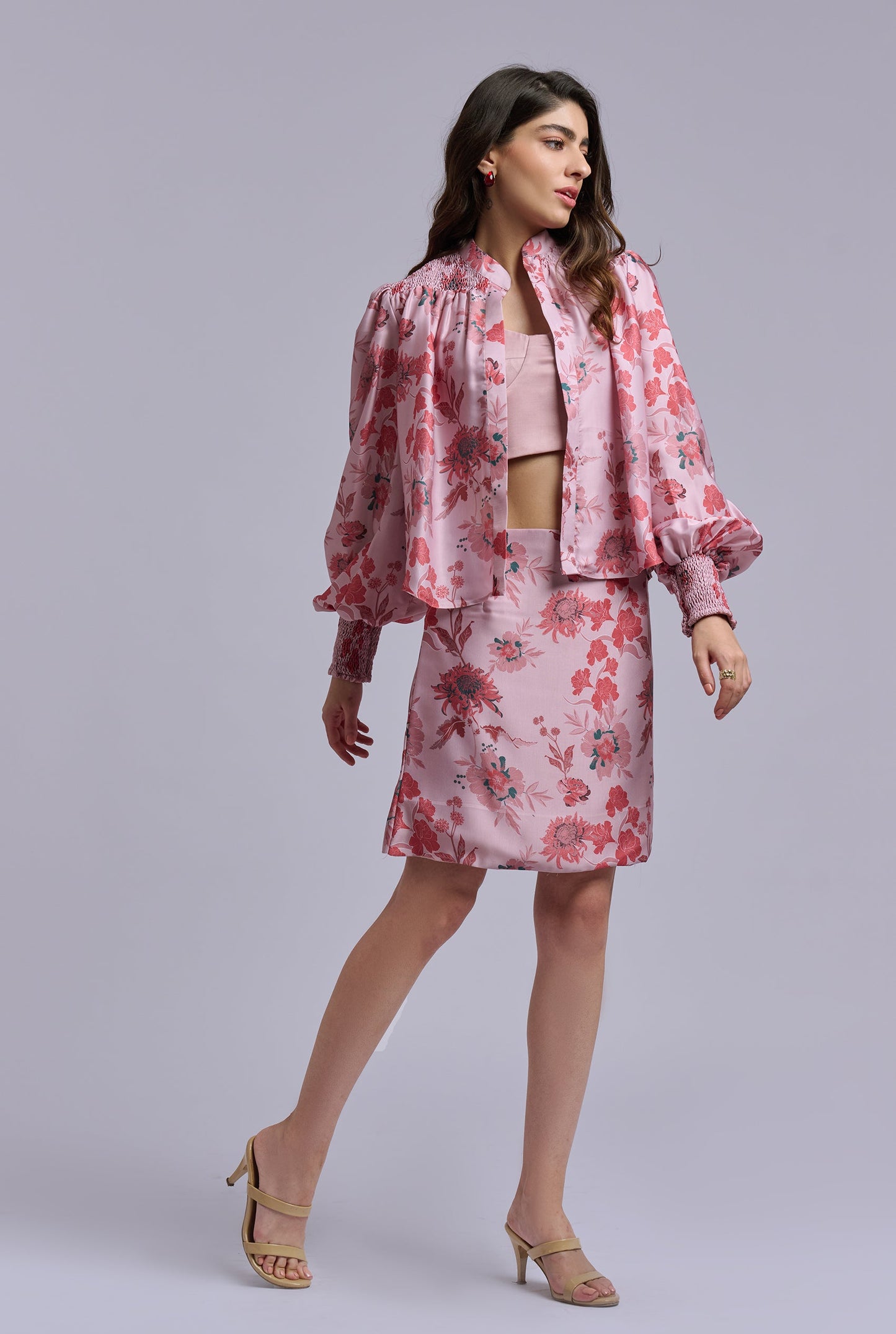 Isabella Three Piece Pink Flower Print Co-ord Set with Skirt