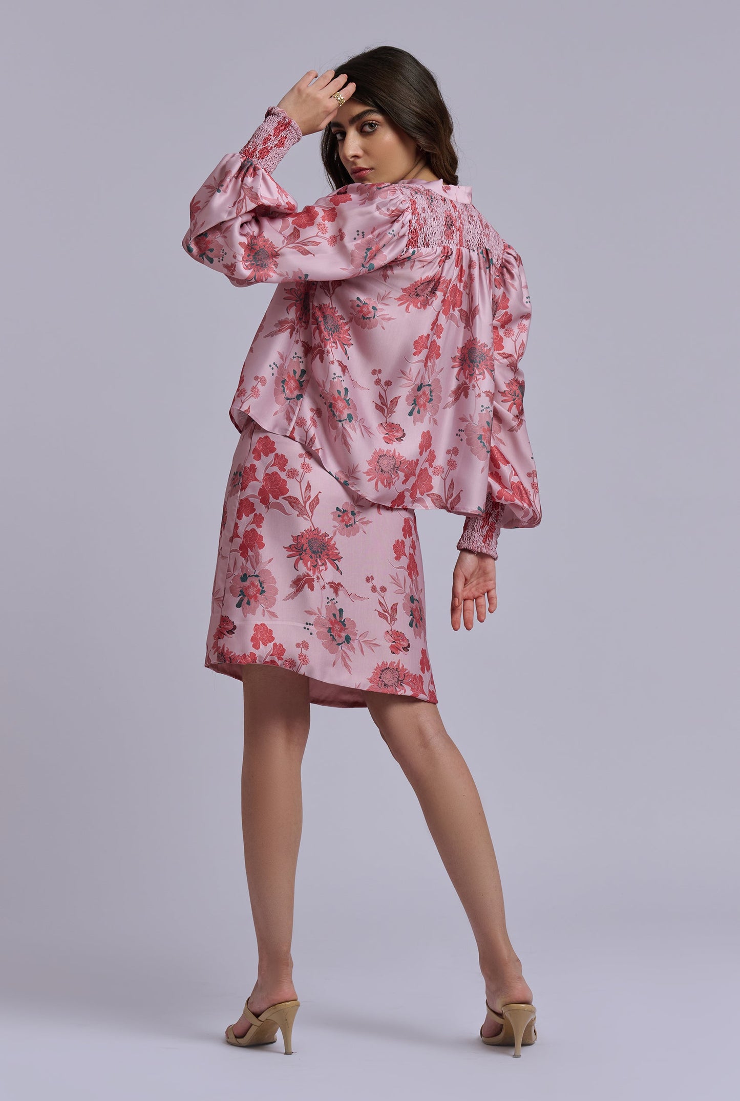 Isabella Three Piece Pink Flower Print Co-ord Set with Skirt
