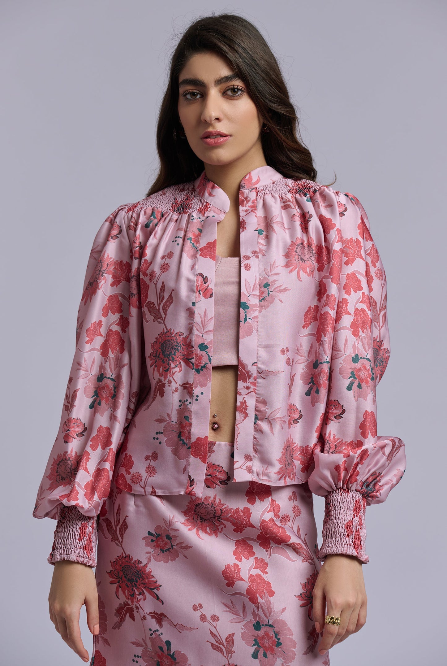 Isabella Three Piece Pink Flower Print Co-ord Set with Skirt