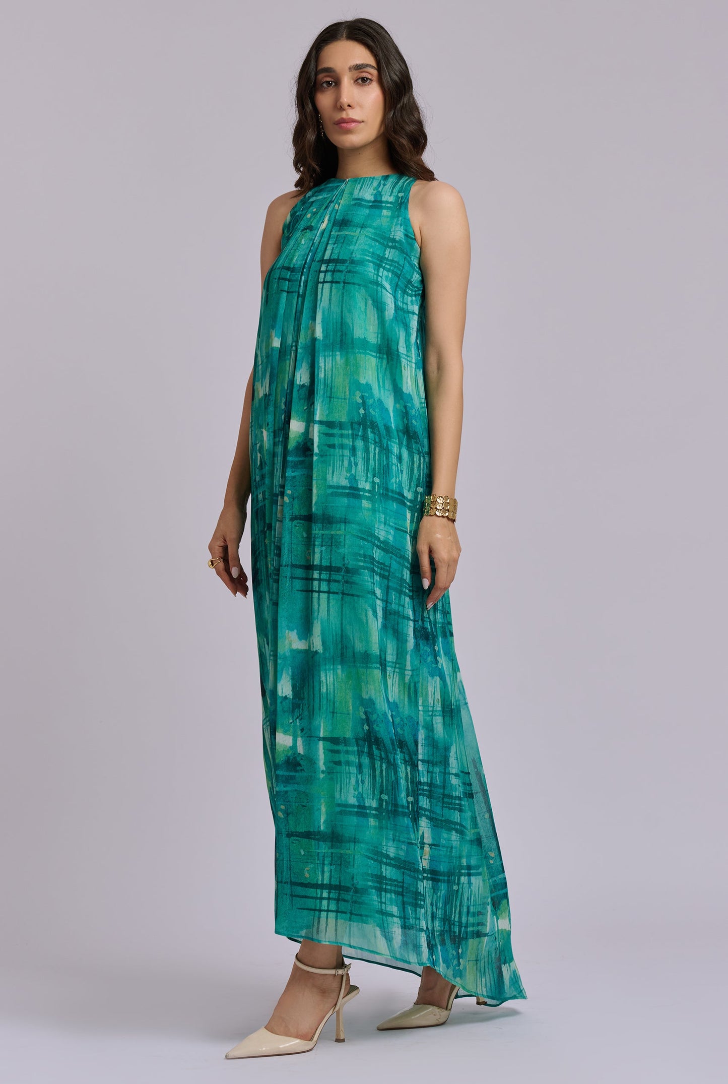 Marina Blue and Green Brush Stroke Print Halter Maxi Dress