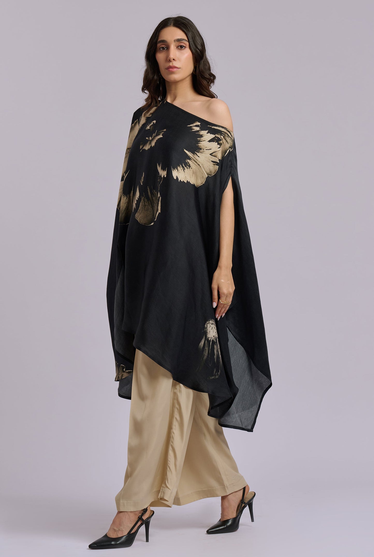 Dahlia Black and Gold Flower Print One Shoulder Kaftan Co-ord Set