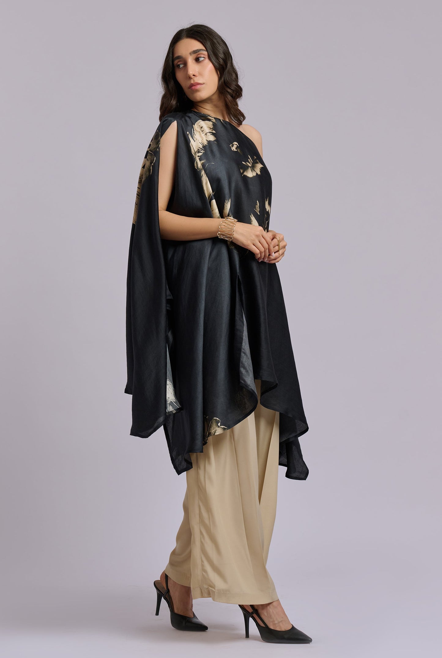 Dahlia Black and Gold Flower Print One Shoulder Kaftan Co-ord Set