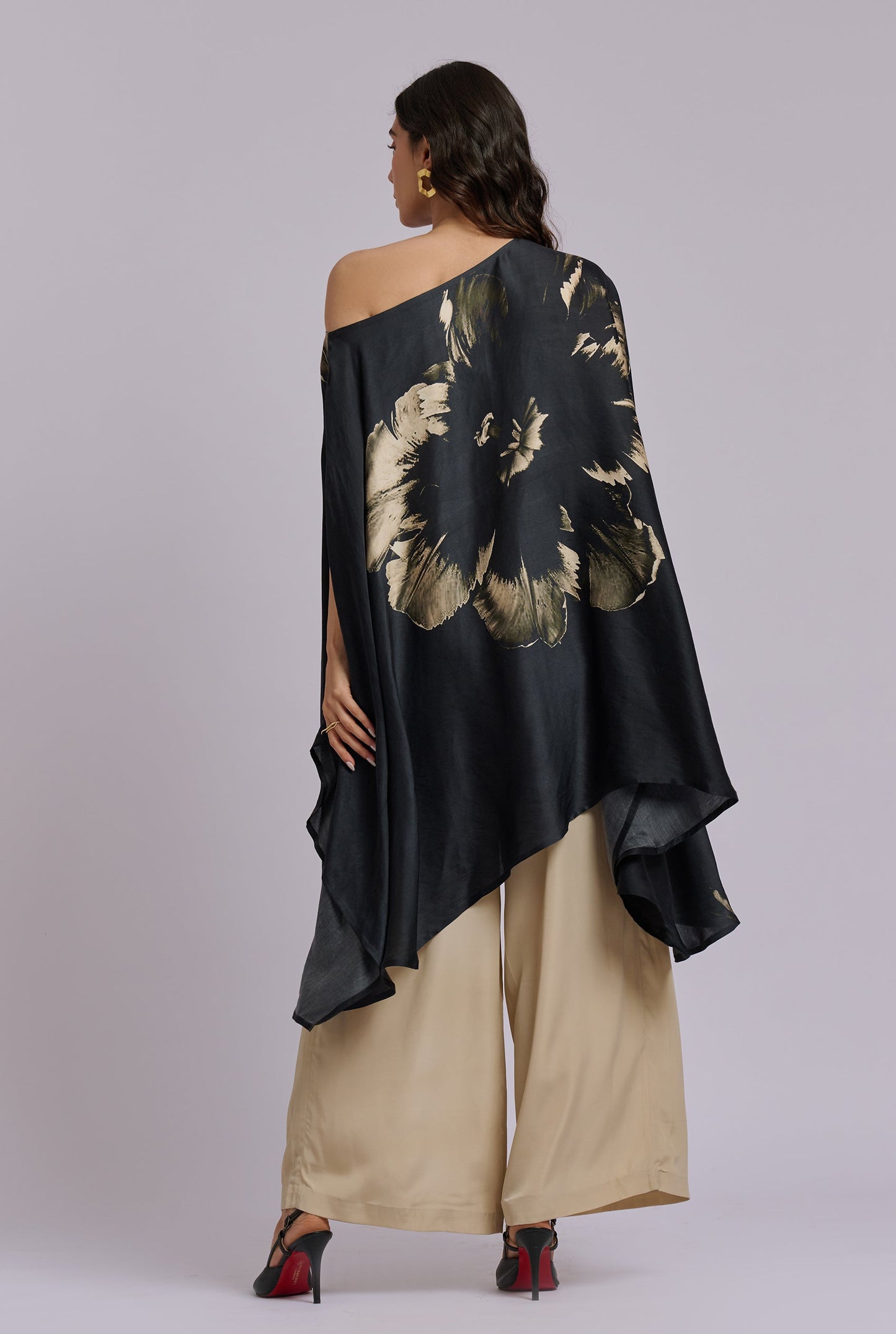 Dahlia Black and Gold Flower Print One Shoulder Kaftan Co-ord Set