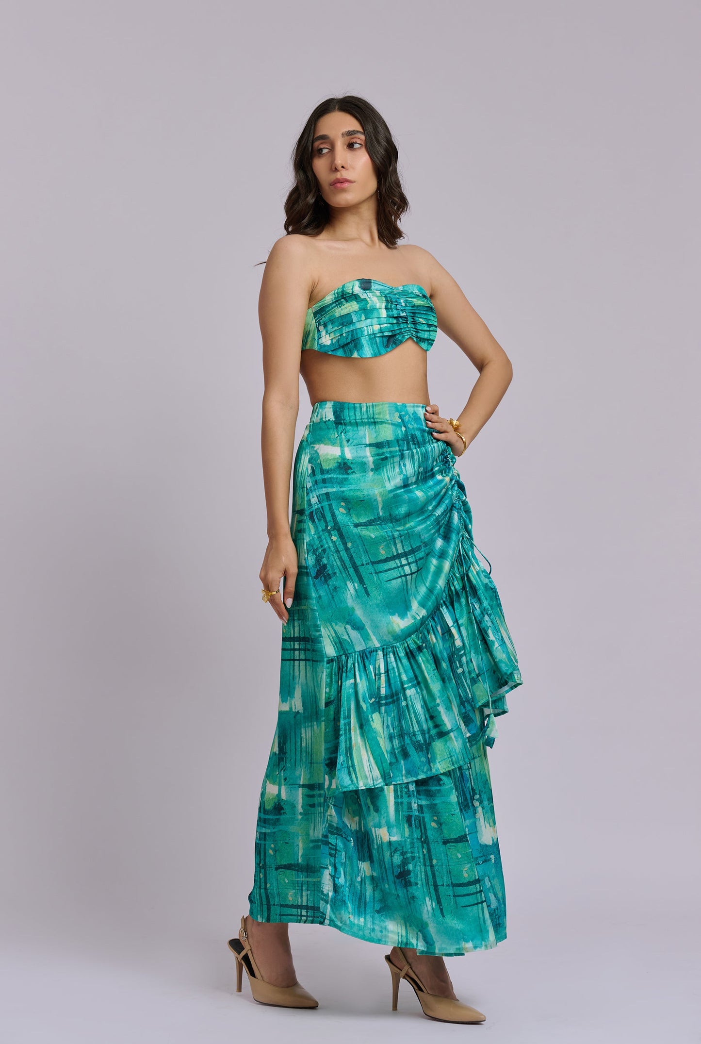 Ariel Blue and Green Brushstroke Print Bustier with Ruffle Skirt