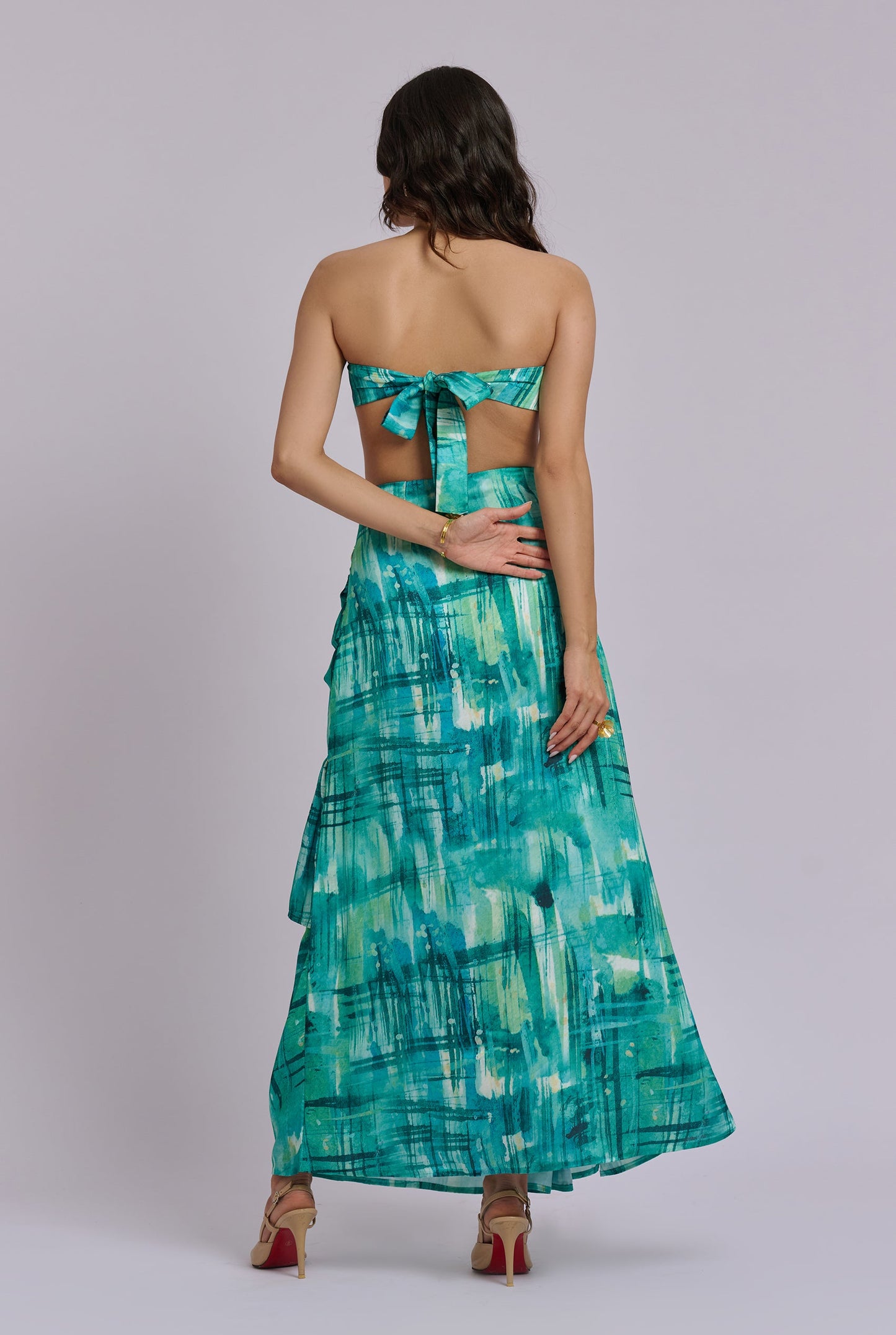 Ariel Blue and Green Brushstroke Print Bustier with Ruffle Skirt