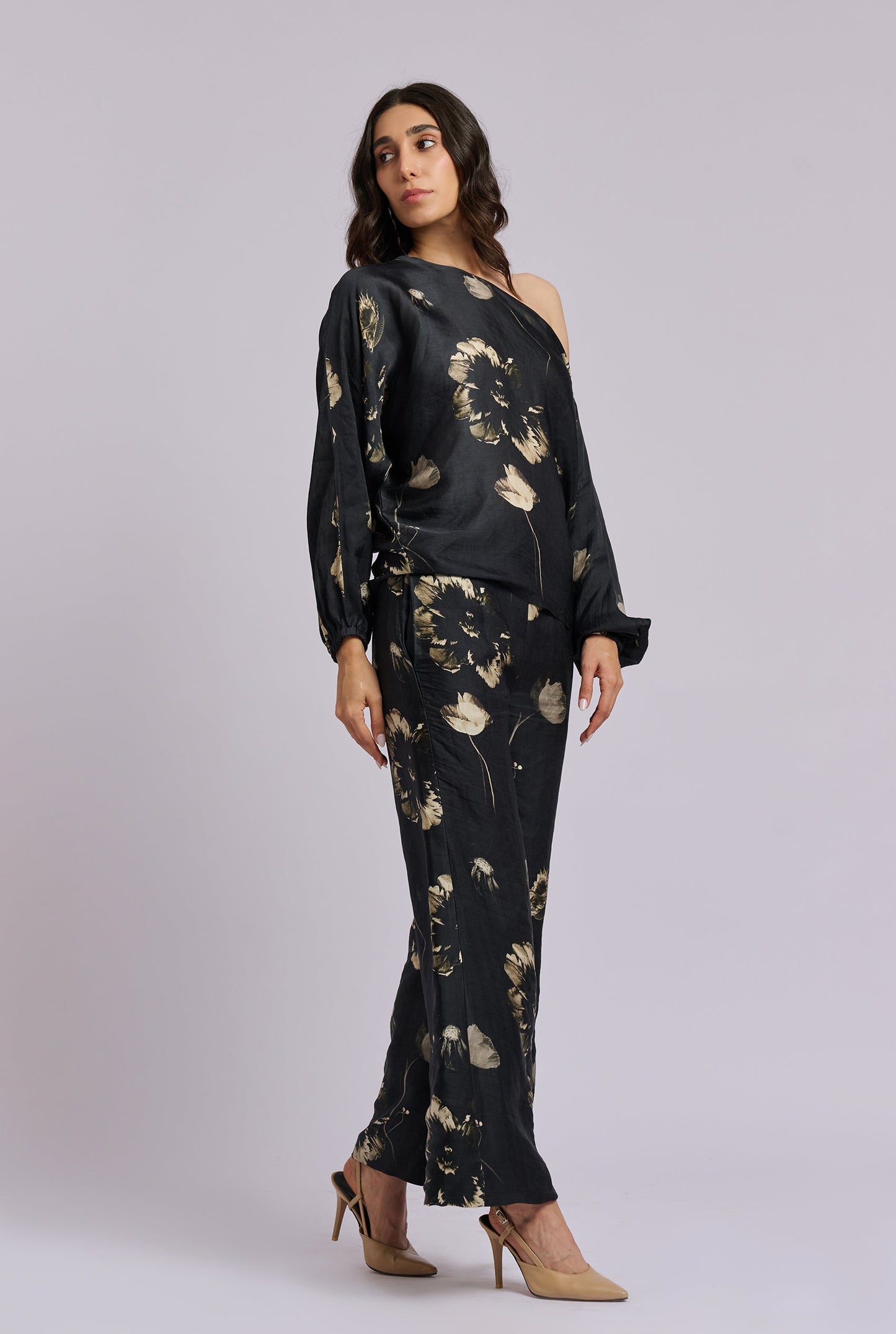Carmen Black and Gold Flower Print Off Shoulder Co-ord Set
