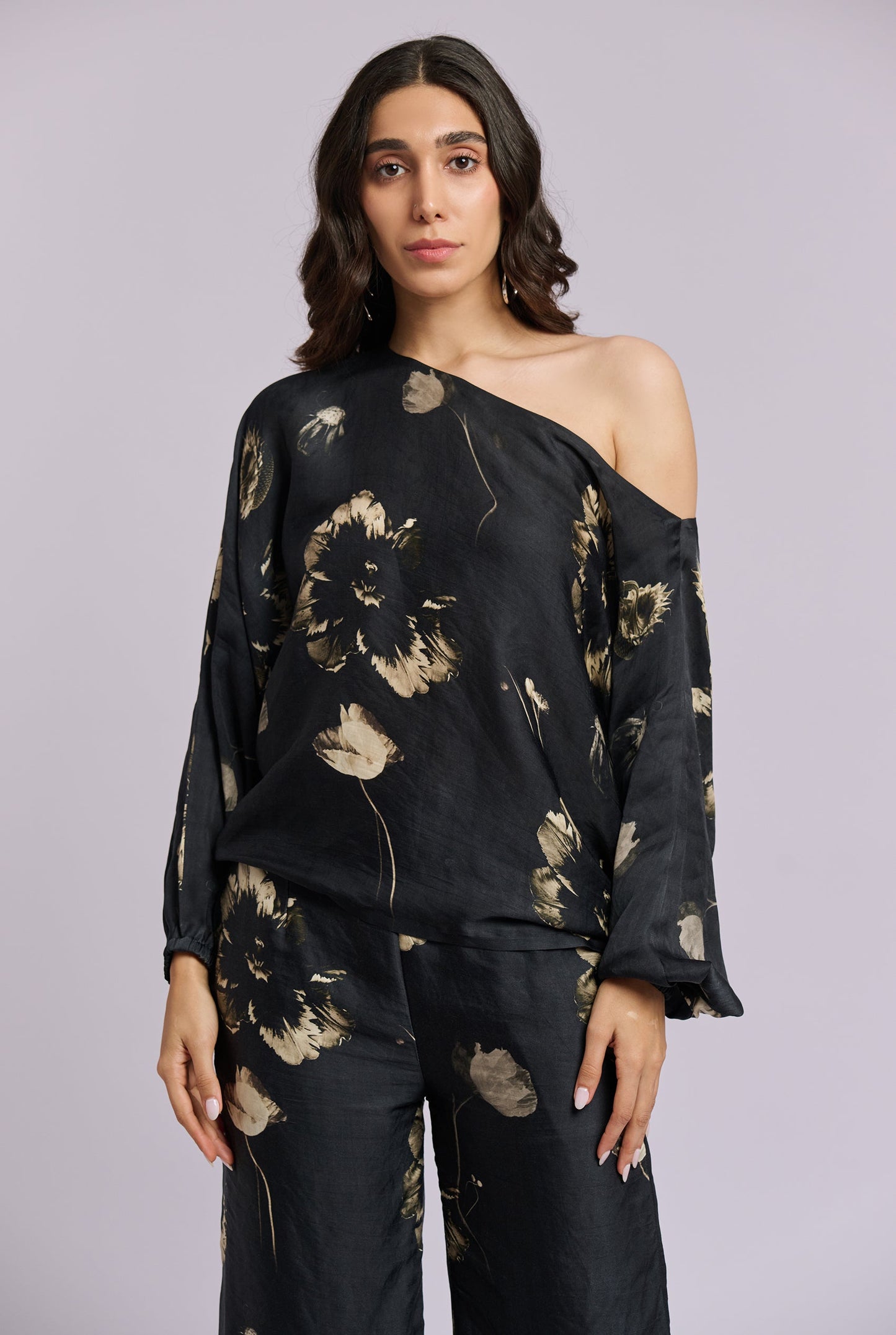 Carmen Black and Gold Flower Print Off Shoulder Co-ord Set