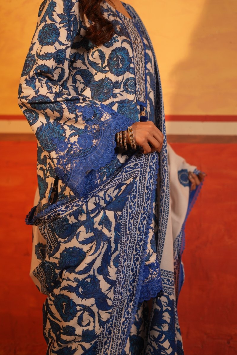 Blue Floral Printed Cotton Garara Set with Dupatta - Outro Studio