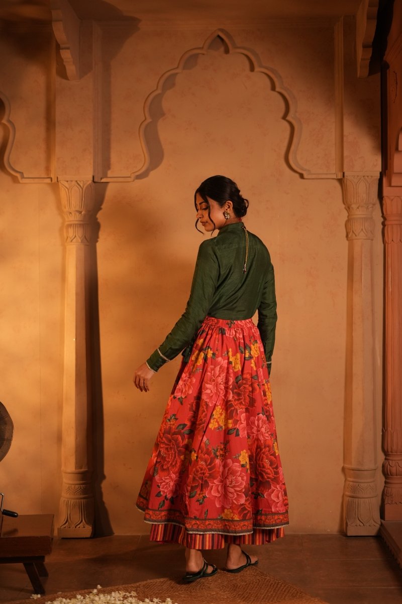 Doha Slik Shirt and Cotton Red Flower Printed Skirt - Outro Studio