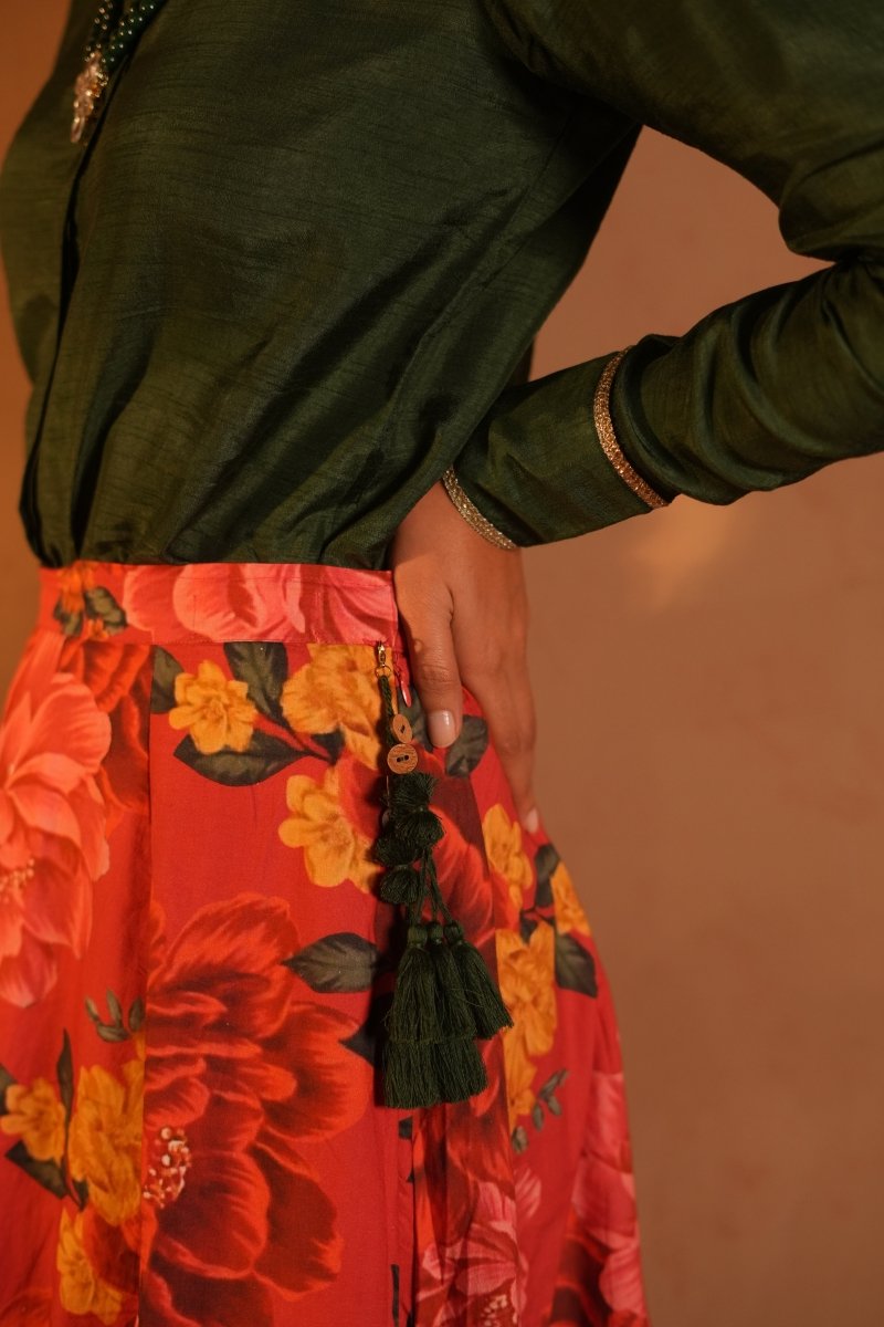 Doha Slik Shirt and Cotton Red Flower Printed Skirt - Outro Studio