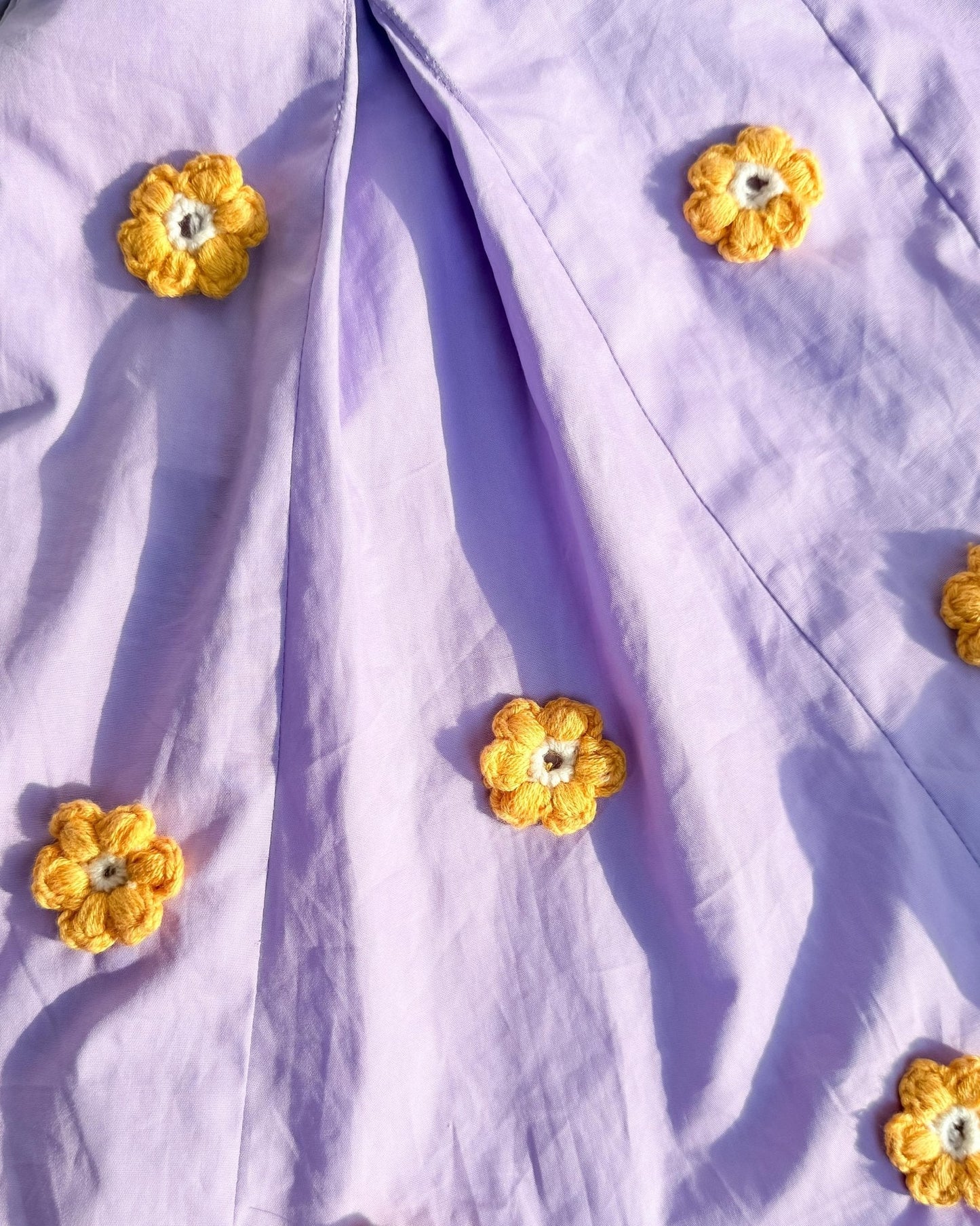 Lilac Poplin Romper With Yellow Crochet Flowers - erised pret
