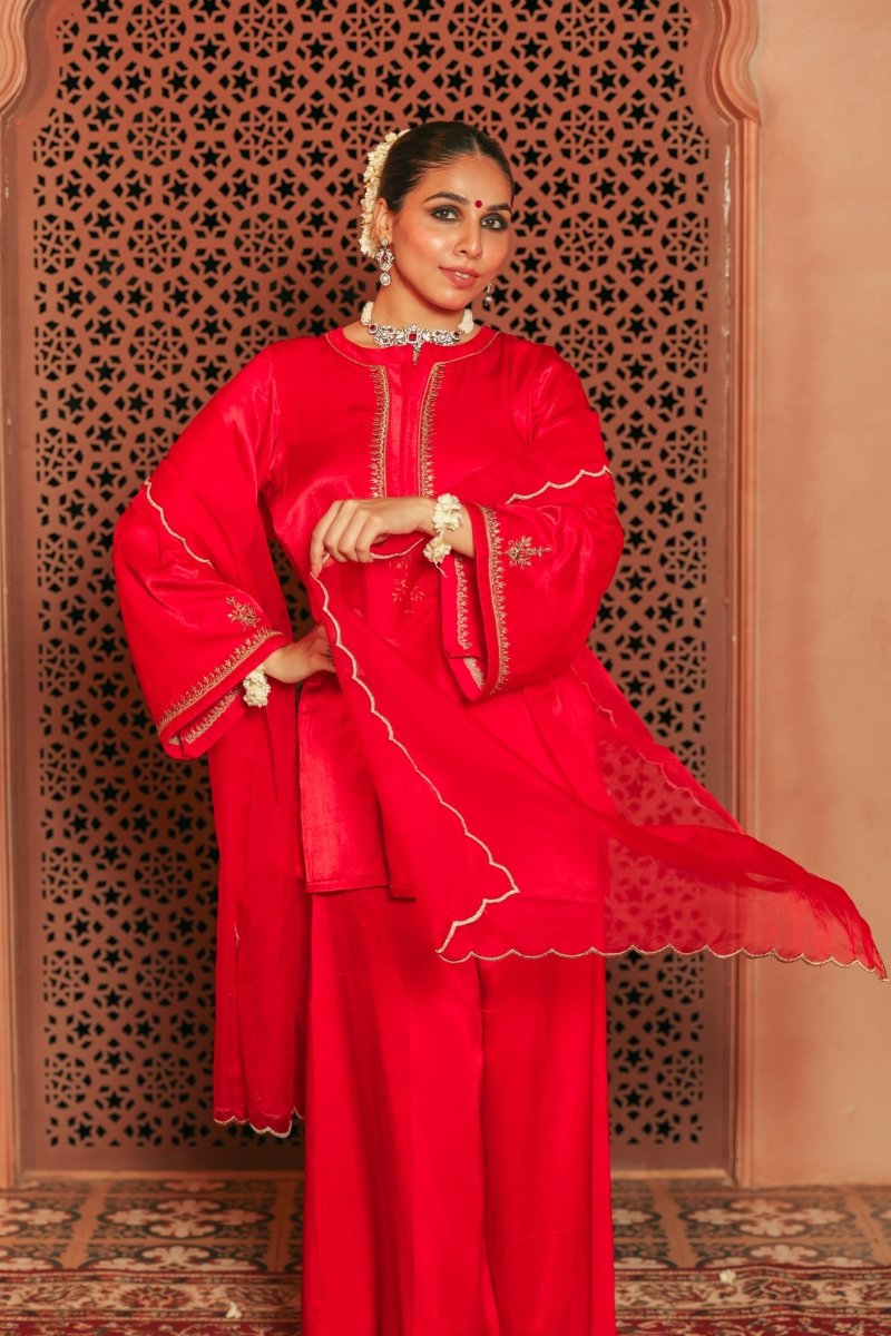 Red Gajji silk Embroiderd sharara set with elasticated waist pant and dupatta - Outro Studio