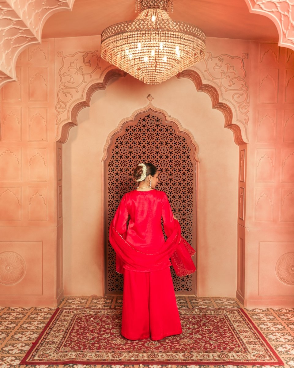 Red Gajji silk Embroiderd sharara set with elasticated waist pant and dupatta - Outro Studio