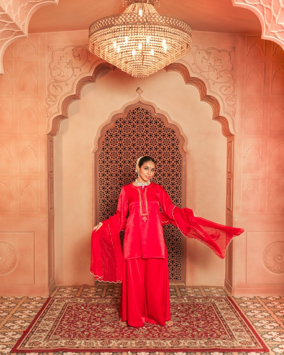 Red Gajji silk Embroiderd sharara set with elasticated waist pant and dupatta - Outro Studio