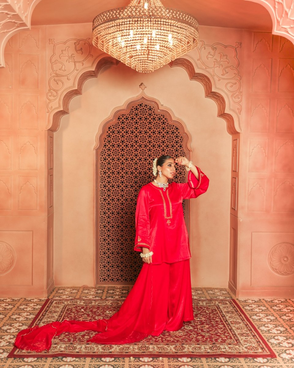 Red Gajji silk Embroiderd sharara set with elasticated waist pant and dupatta - Outro Studio