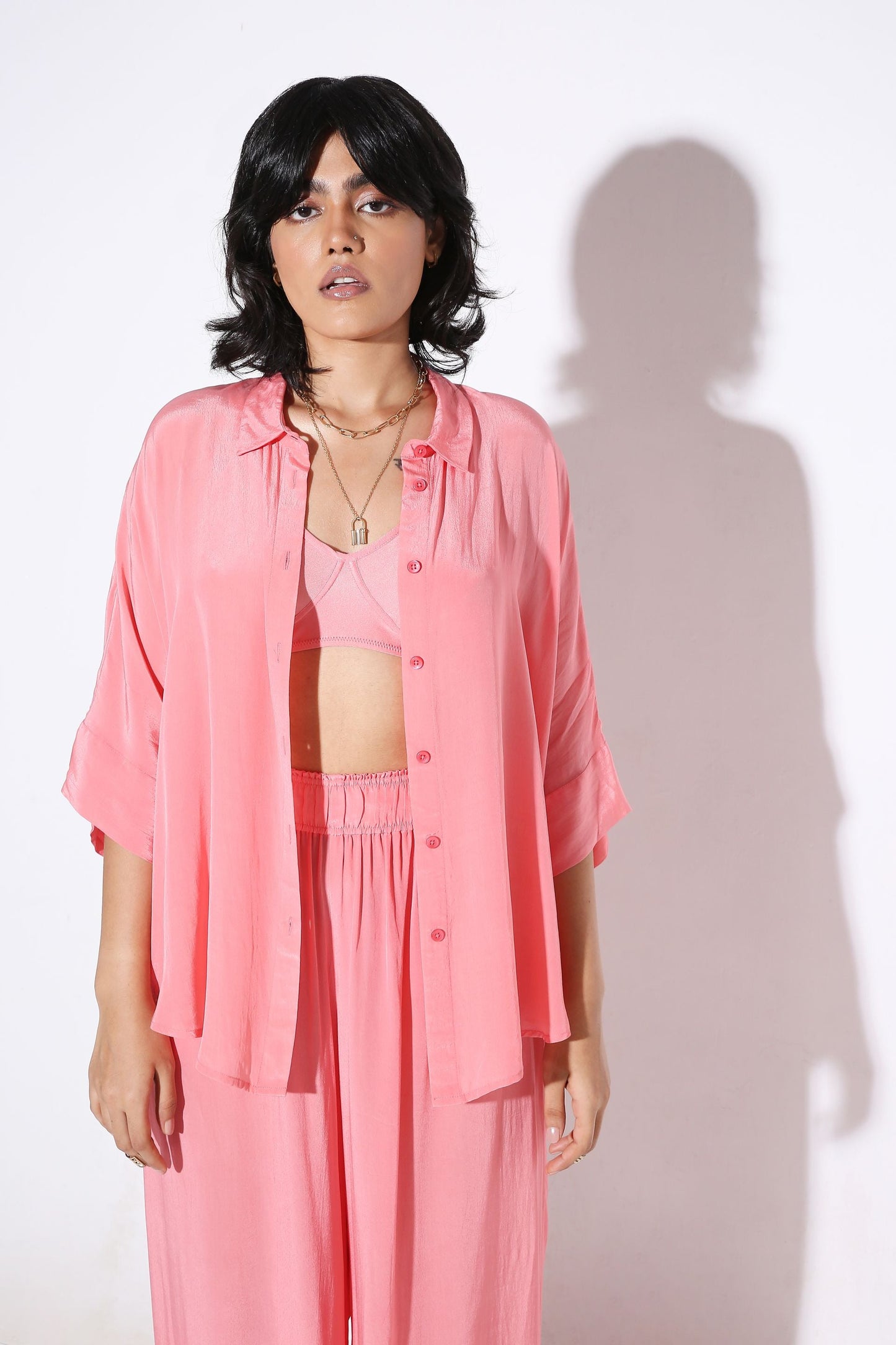 Relaxed fit Long Shirt and Relaxed Fit Pants Solid Color-Coord Set - Monokrom