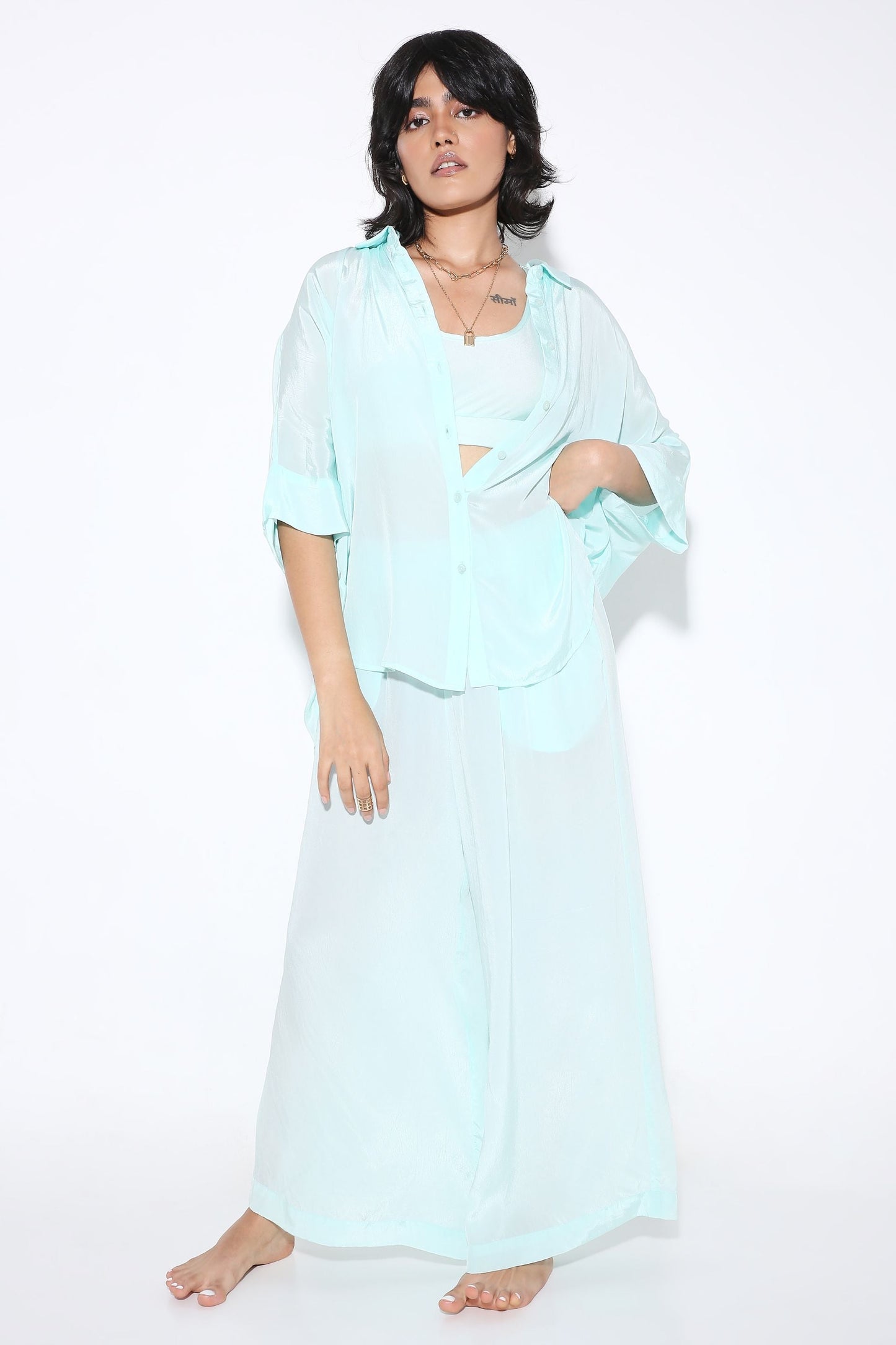Relaxed fit Long Shirt and Relaxed Fit Pants Solid Color-Coord Set - Monokrom