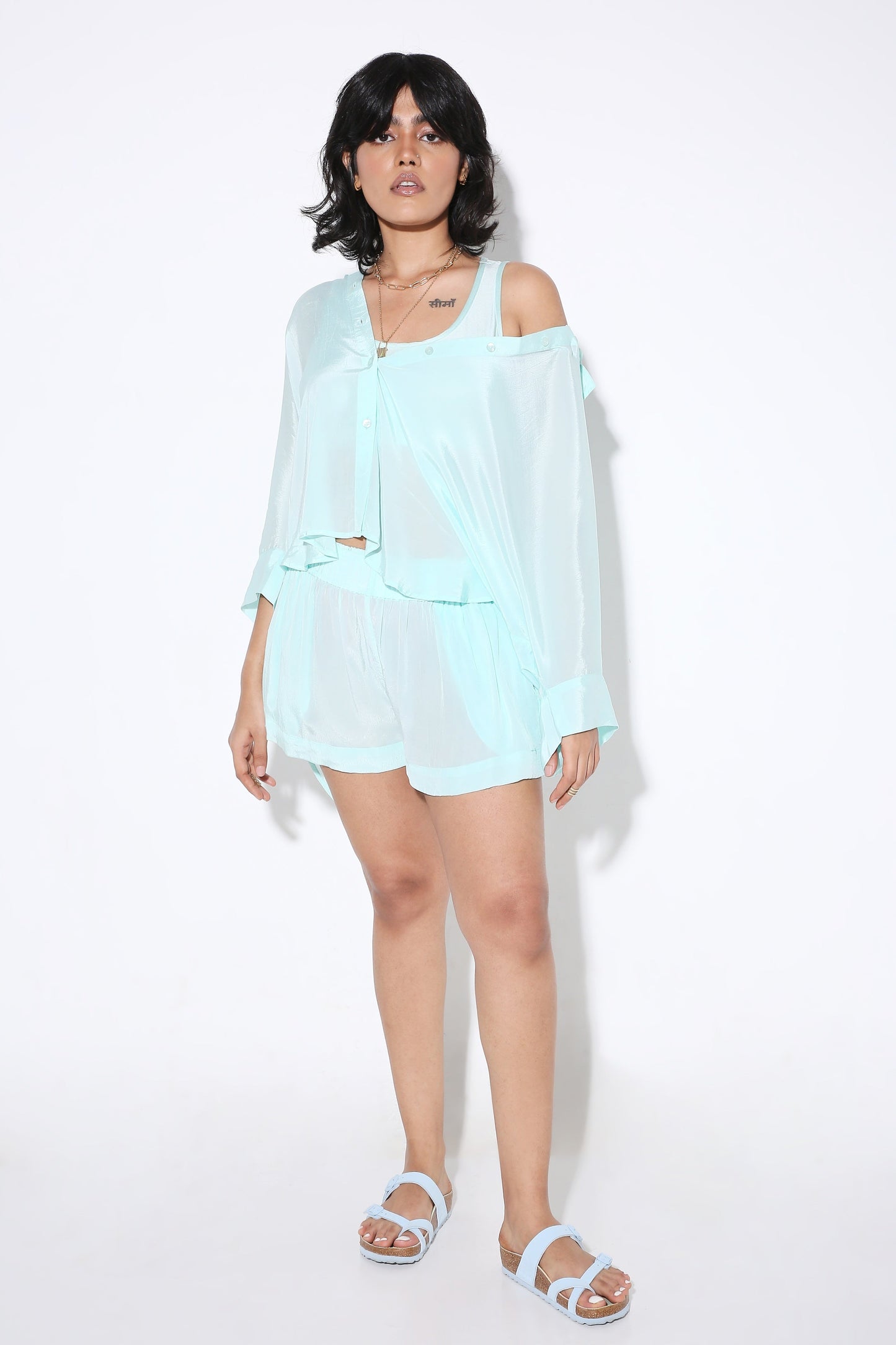 Relaxed fit Long Shirt and Flared Shorts Solid Color-Coord Set - Monokrom