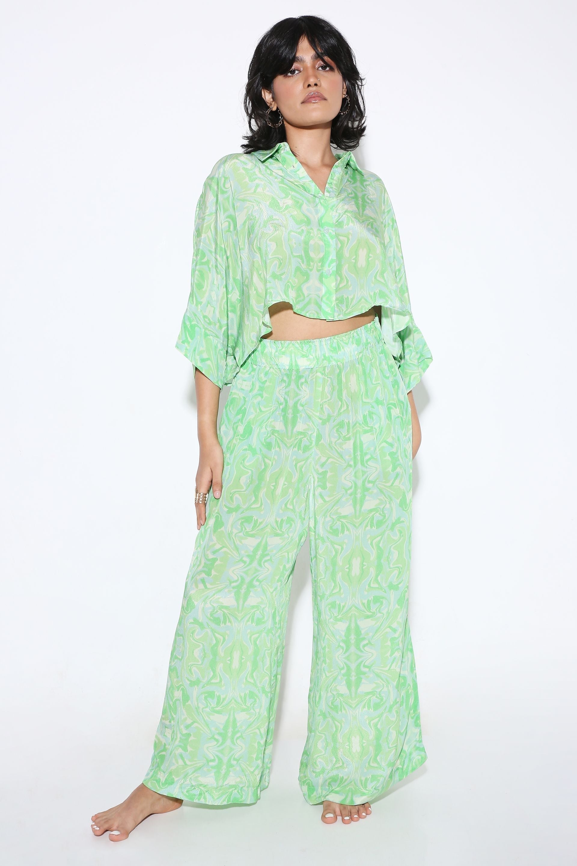 Relaxed Fit Crop Shirt And Relaxed Fit Pants Print-Coord Set - Monokrom