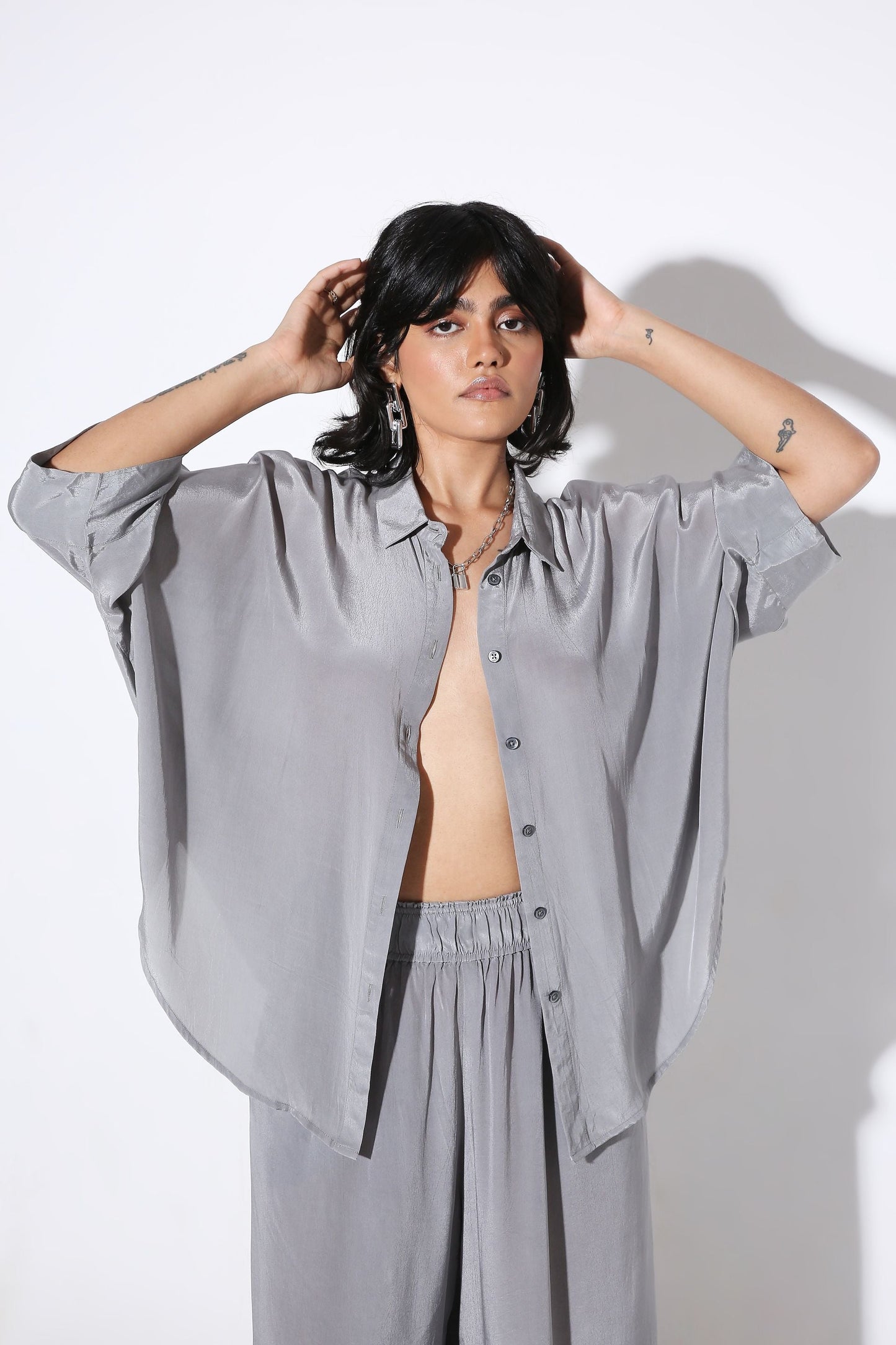 Relaxed fit Long Shirt and Relaxed Fit Pants Solid Color-Coord Set - Monokrom