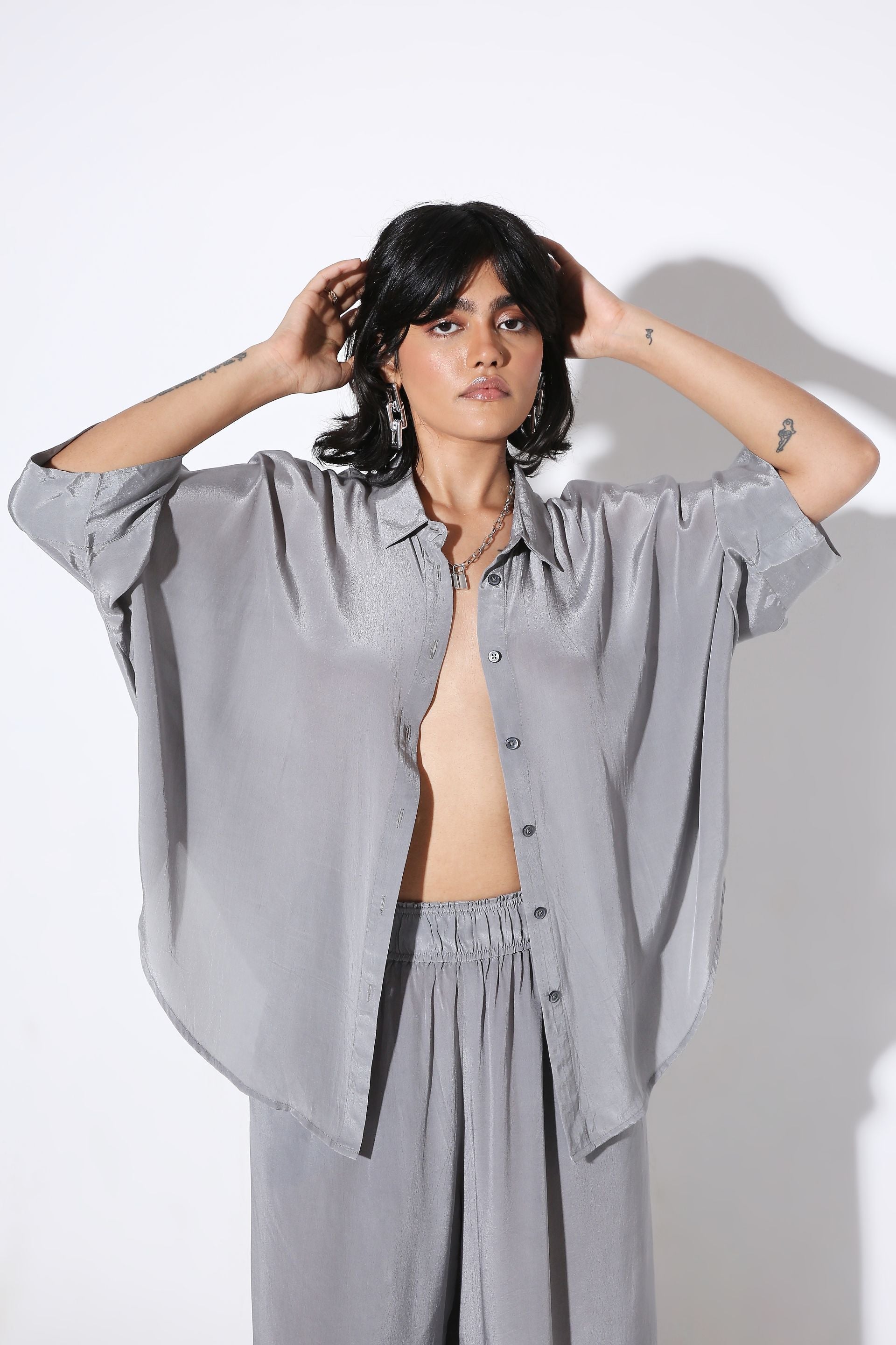 Relaxed fit Long Shirt and Relaxed Fit Pants Solid Color-Coord Set - Monokrom