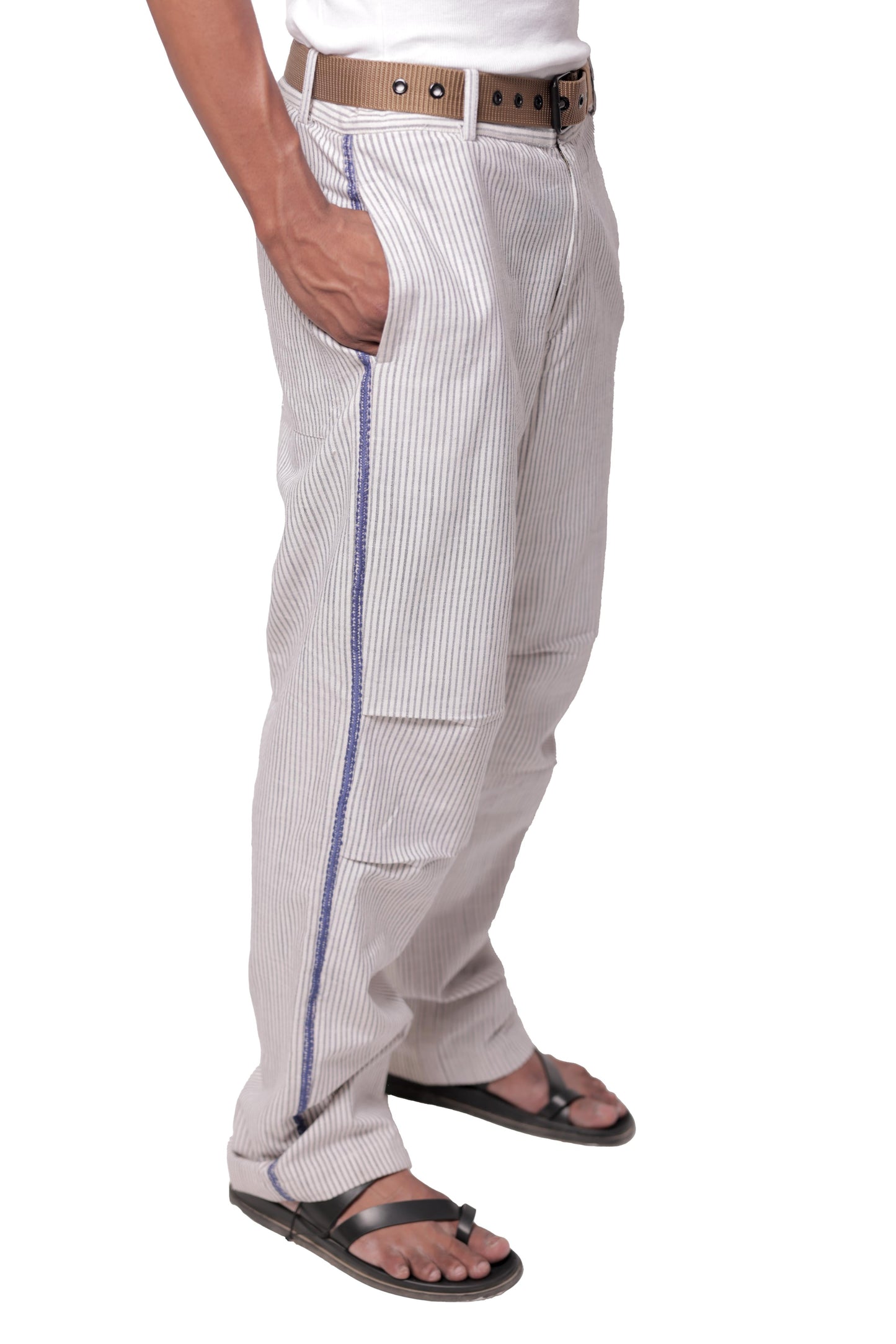 White & Blue Striped Embroidered Summer Pants