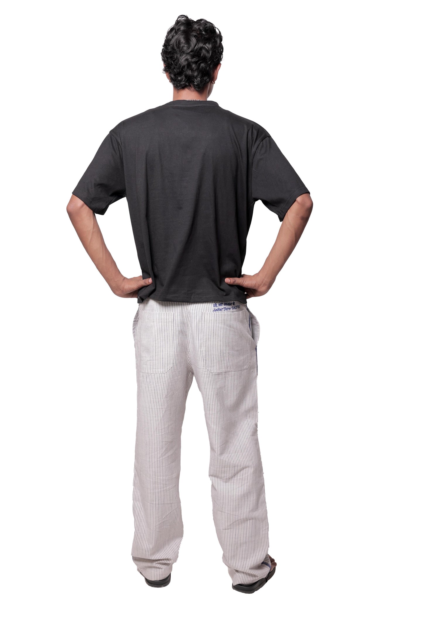 White & Blue Striped Embroidered Summer Pants