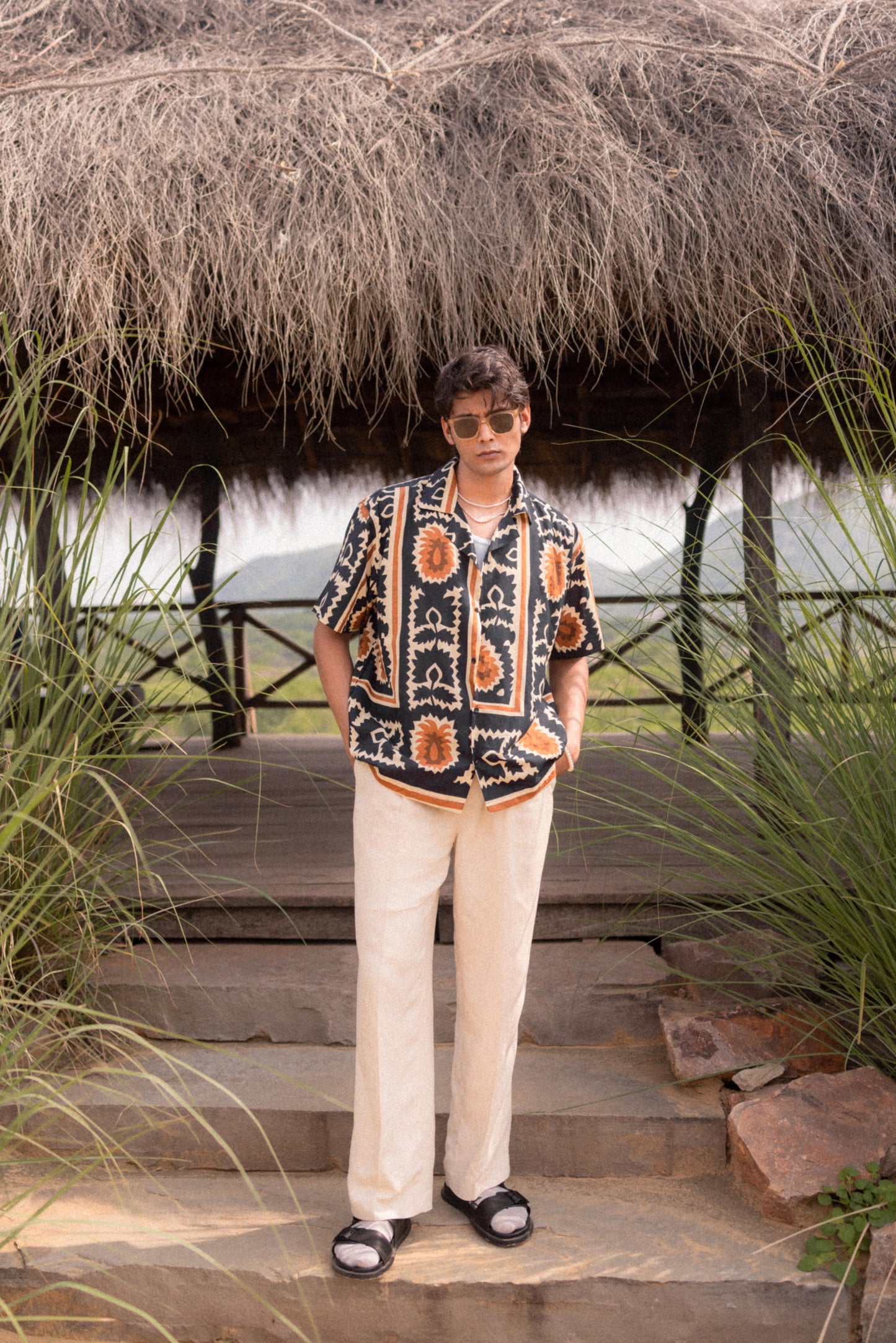 Beige & Navy Printed Shirt