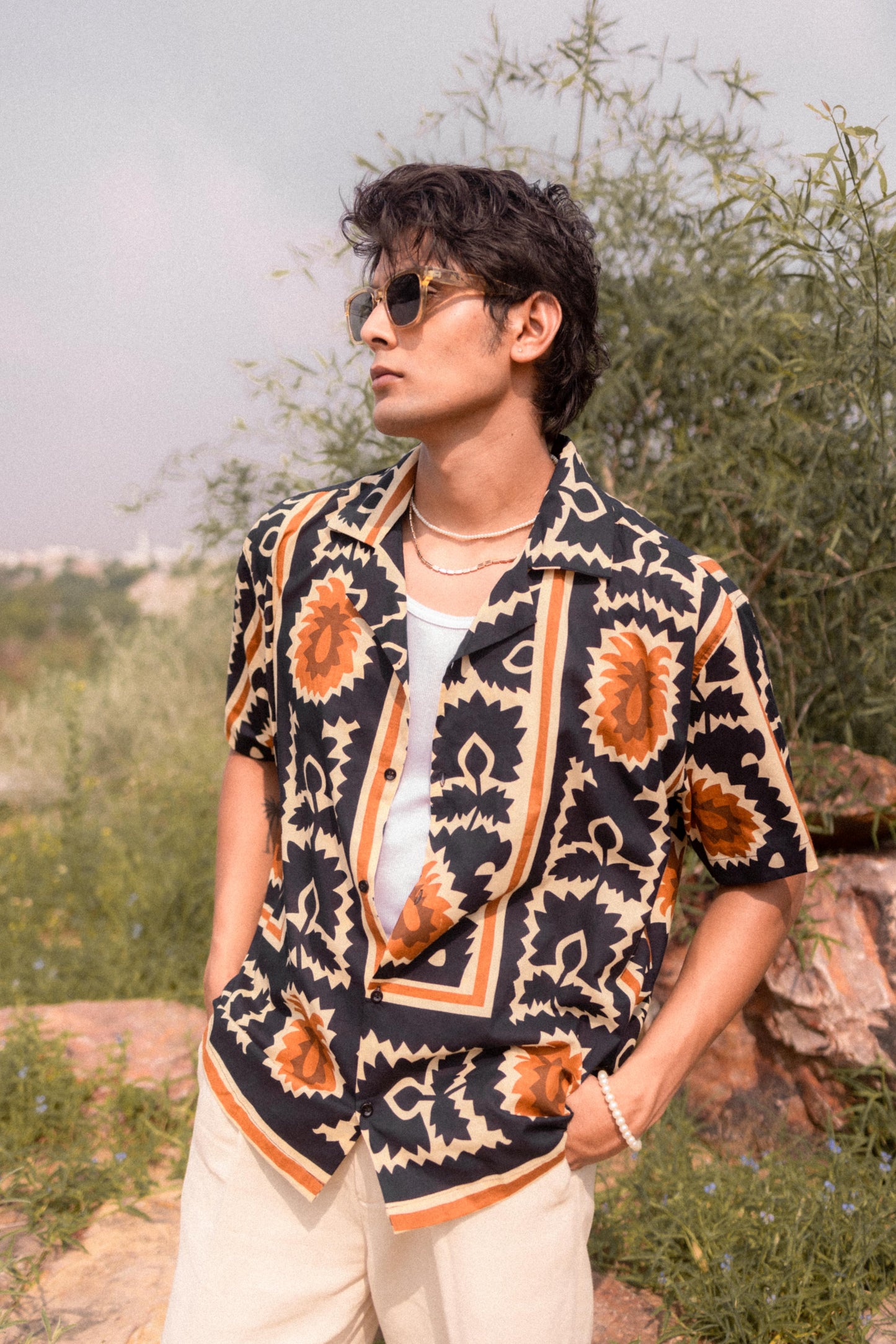 Beige & Navy Printed Shirt
