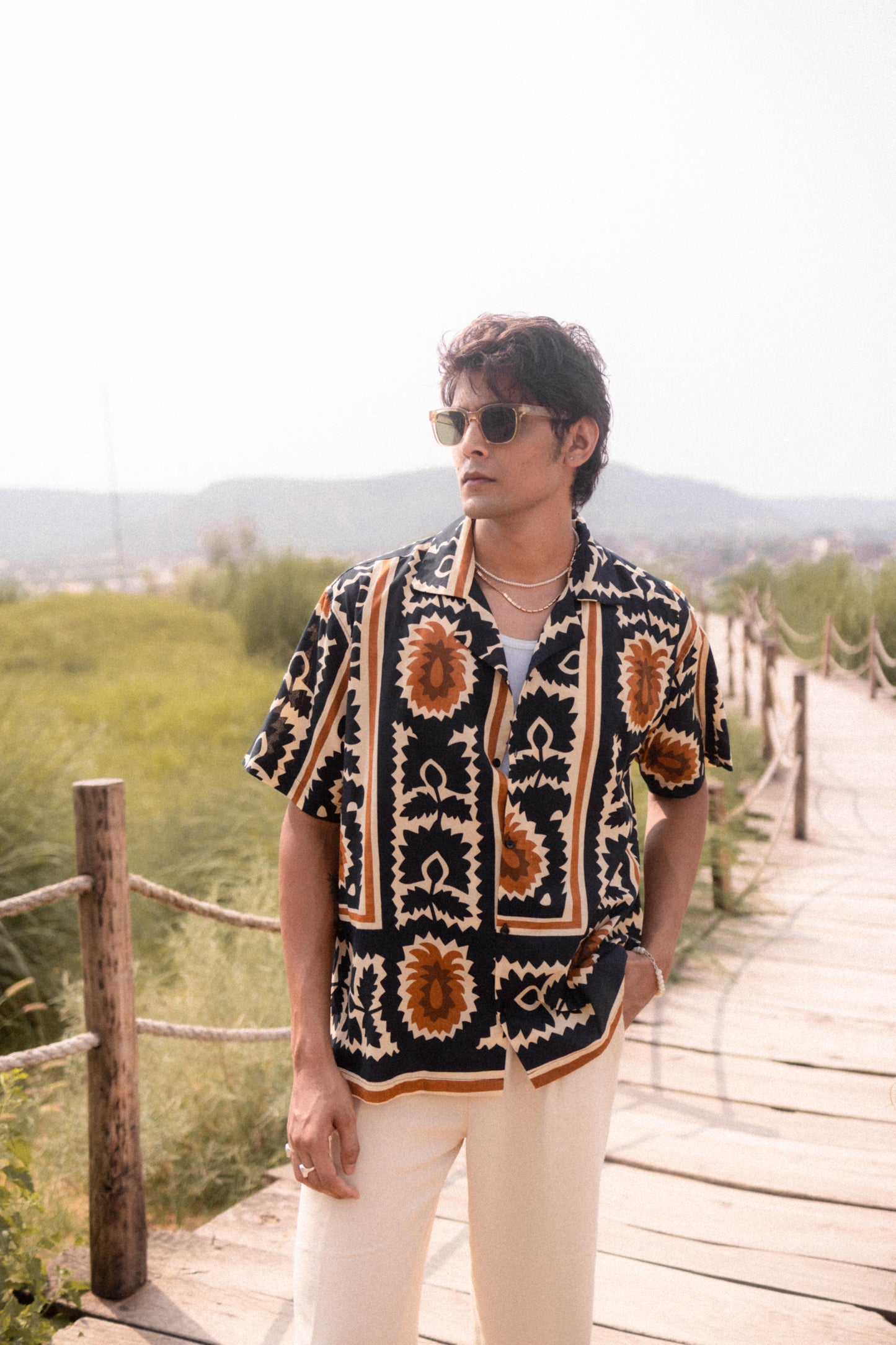 Beige & Navy Printed Shirt