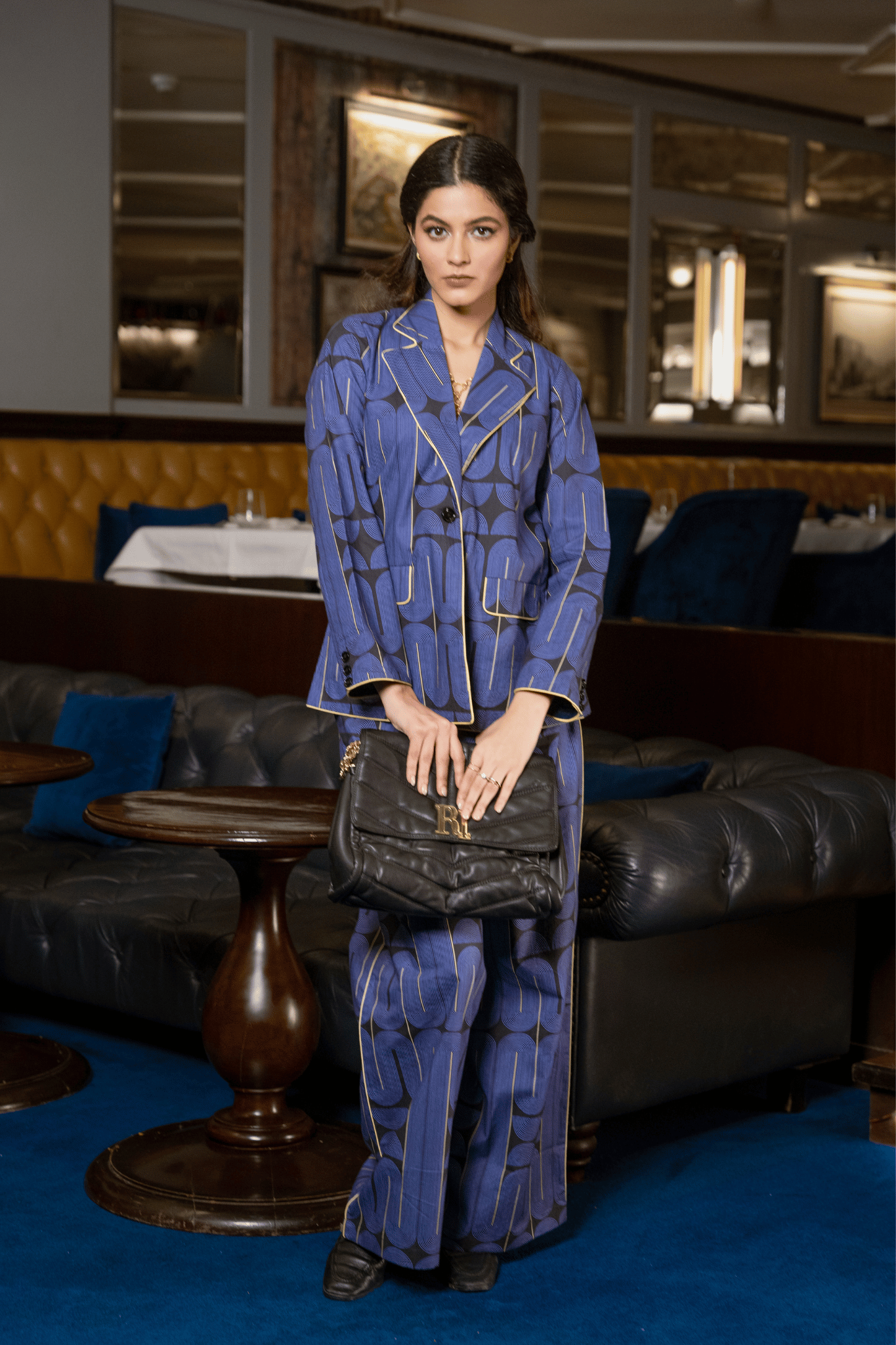 Blue Black Printed Cotton Jacket & Trousers