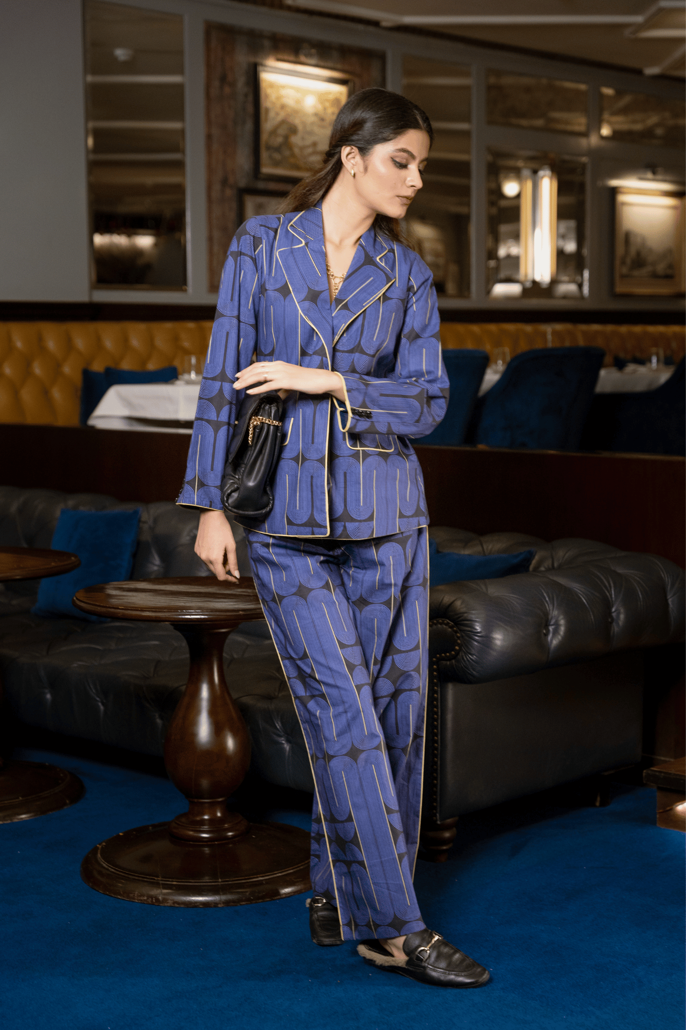 Blue Black Printed Cotton Jacket & Trousers