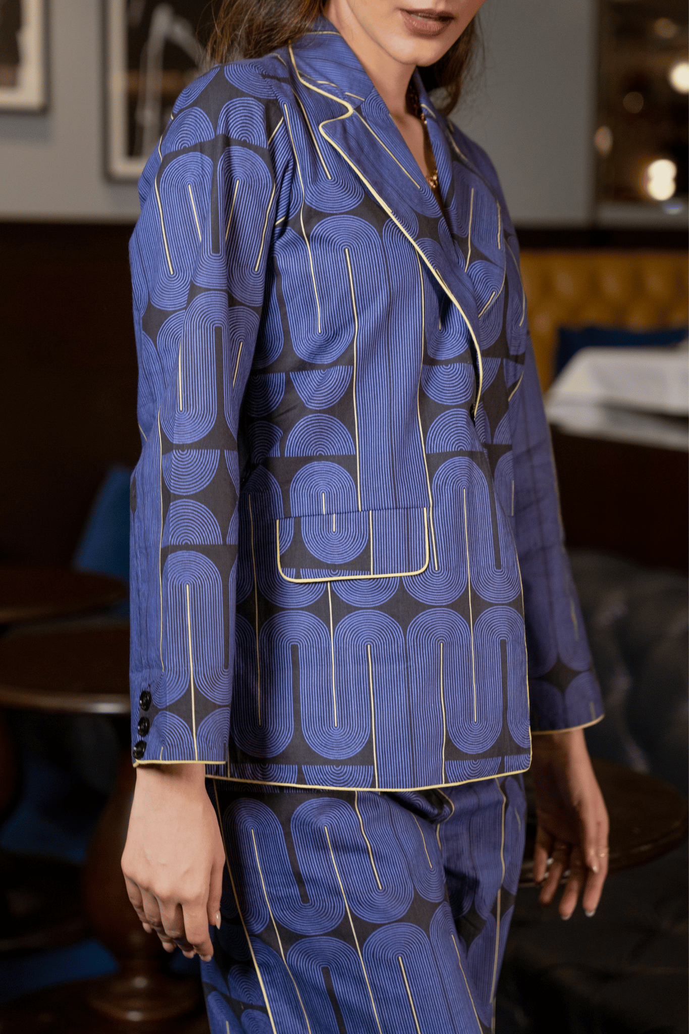 Blue Black Printed Cotton Jacket & Trousers