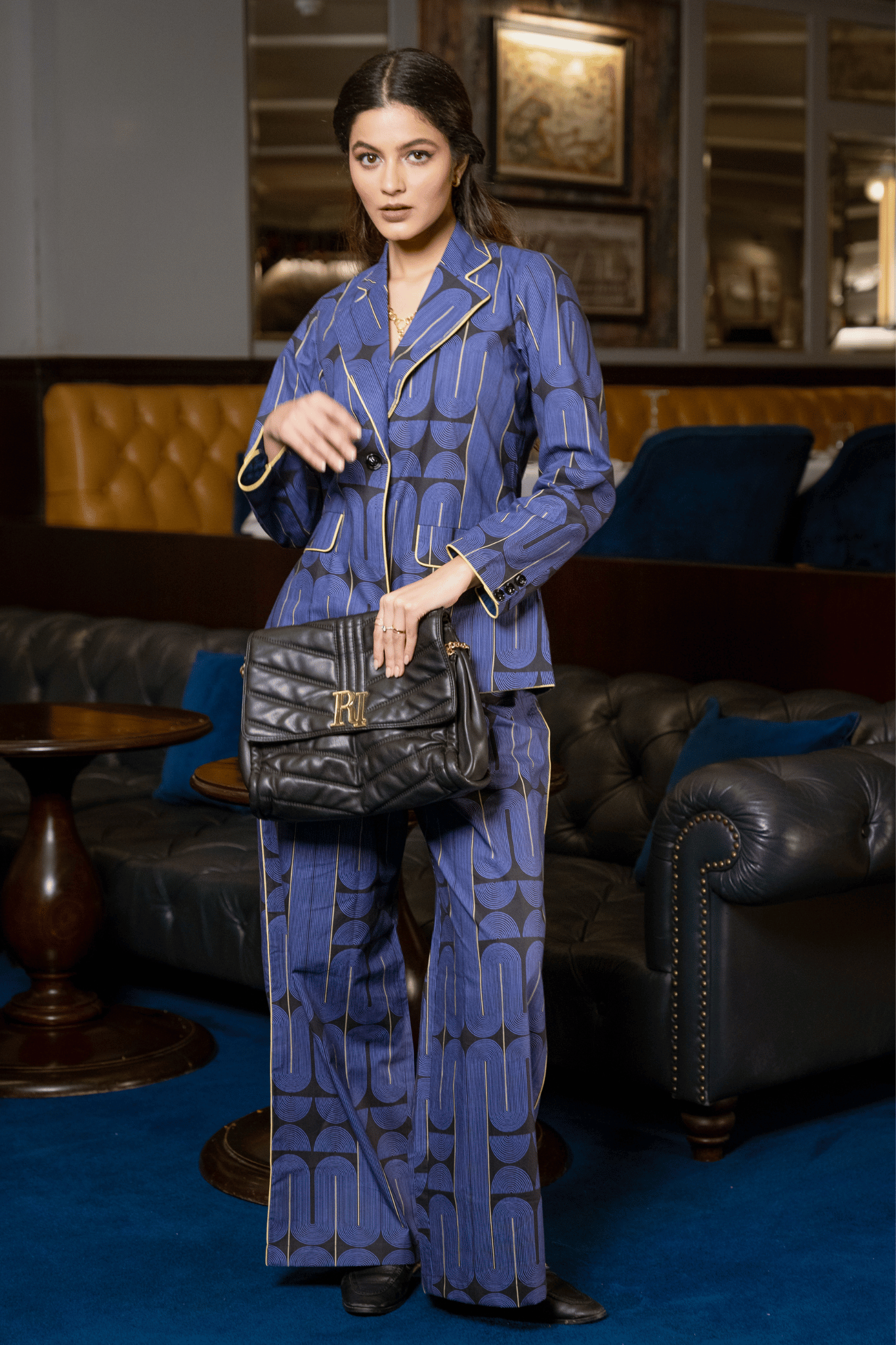 Blue Black Printed Cotton Jacket & Trousers