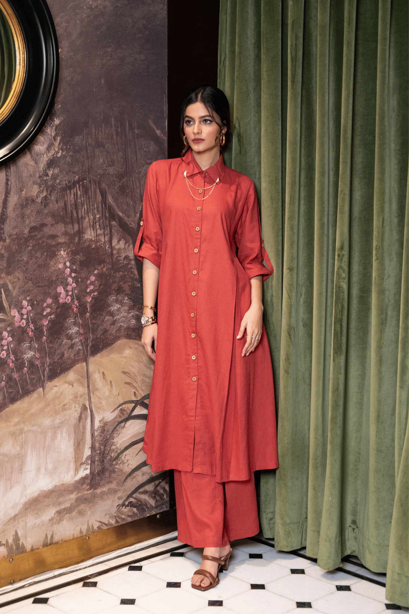 TOMATO RED LINEN CO ORD SET