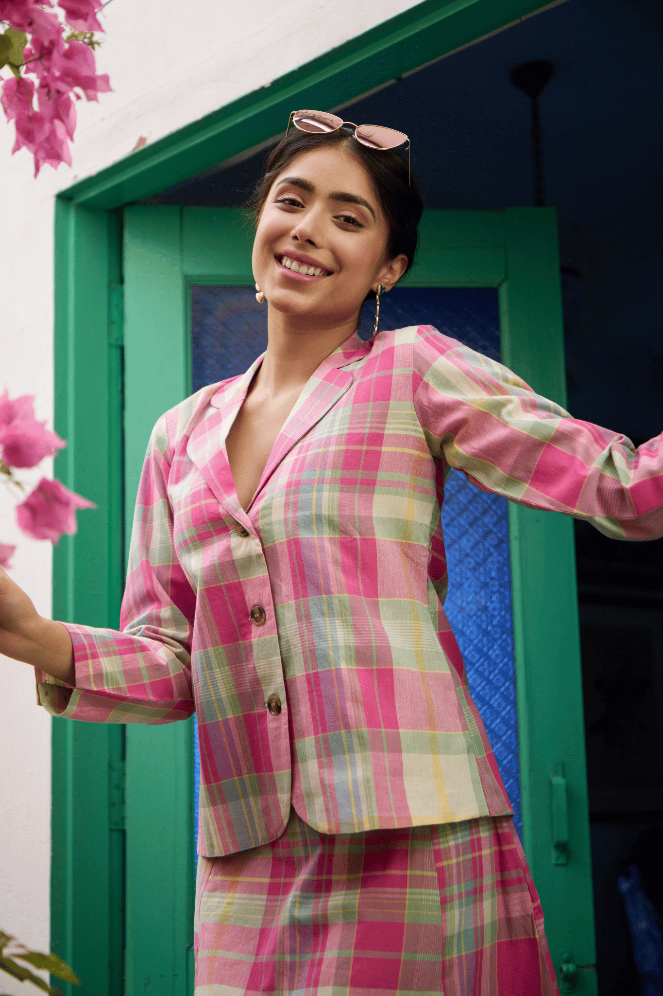 Pink & mint green Madras Cotton checks Jacket & Skirt